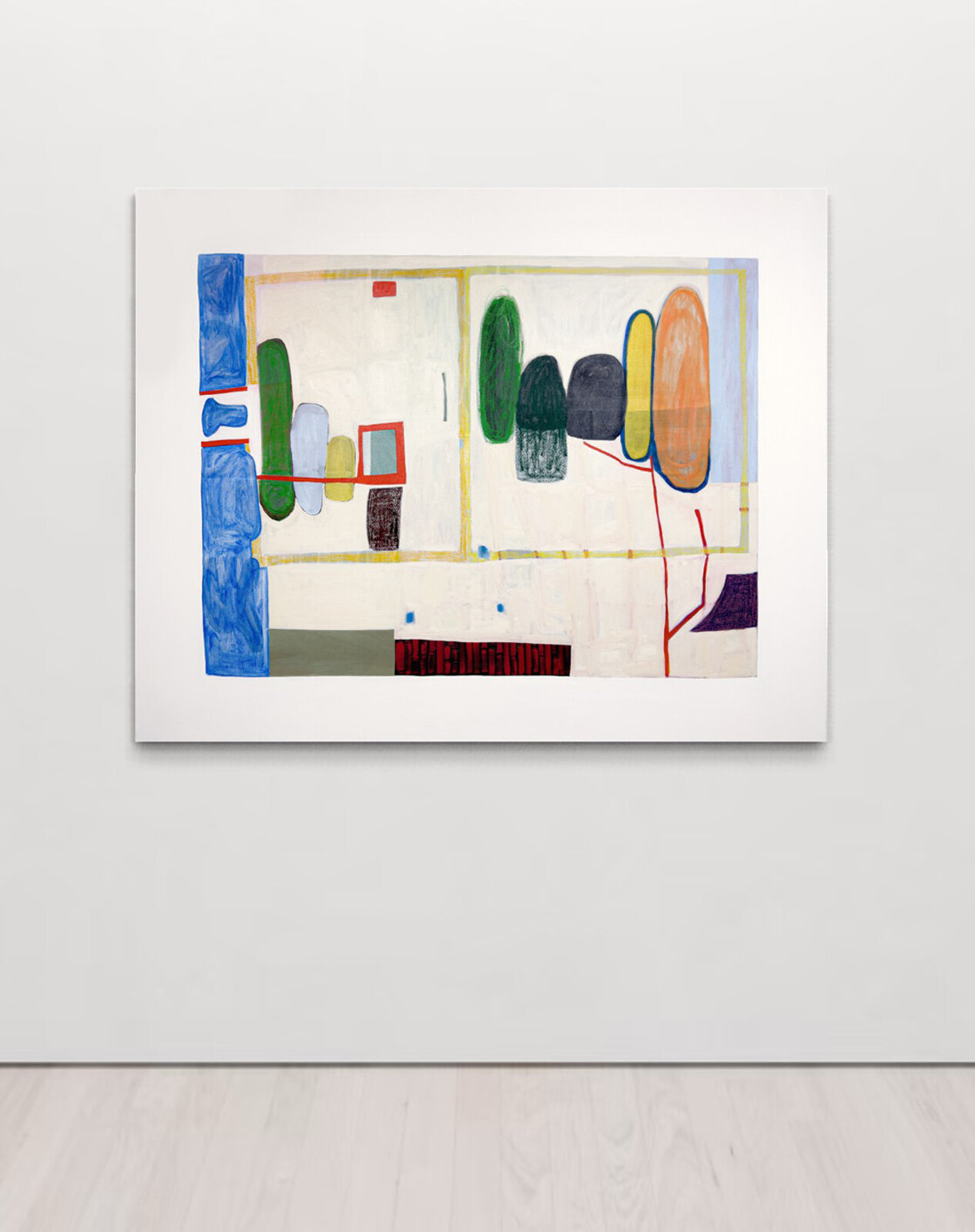 An abstract composition featuring geometric shapes and vibrant colors within a structured, framed layout.
