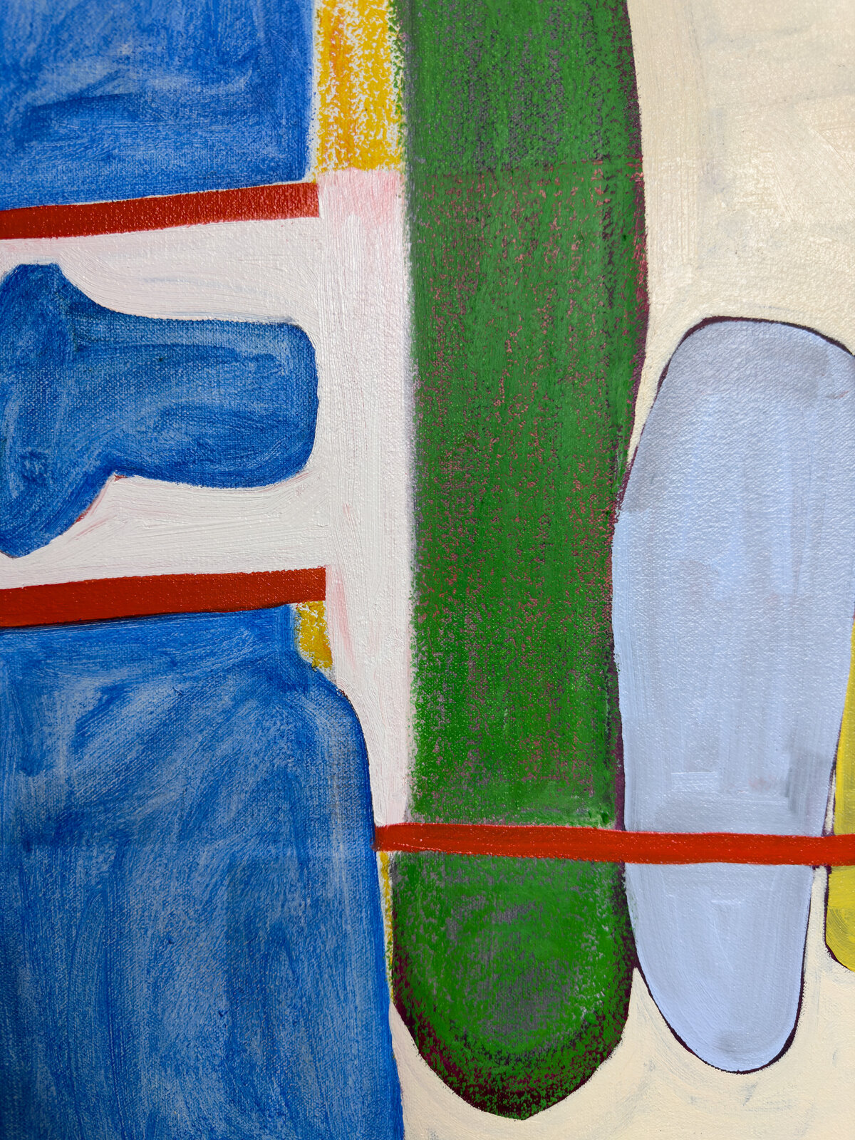 An abstract composition featuring geometric shapes and vibrant colors within a structured, framed layout.