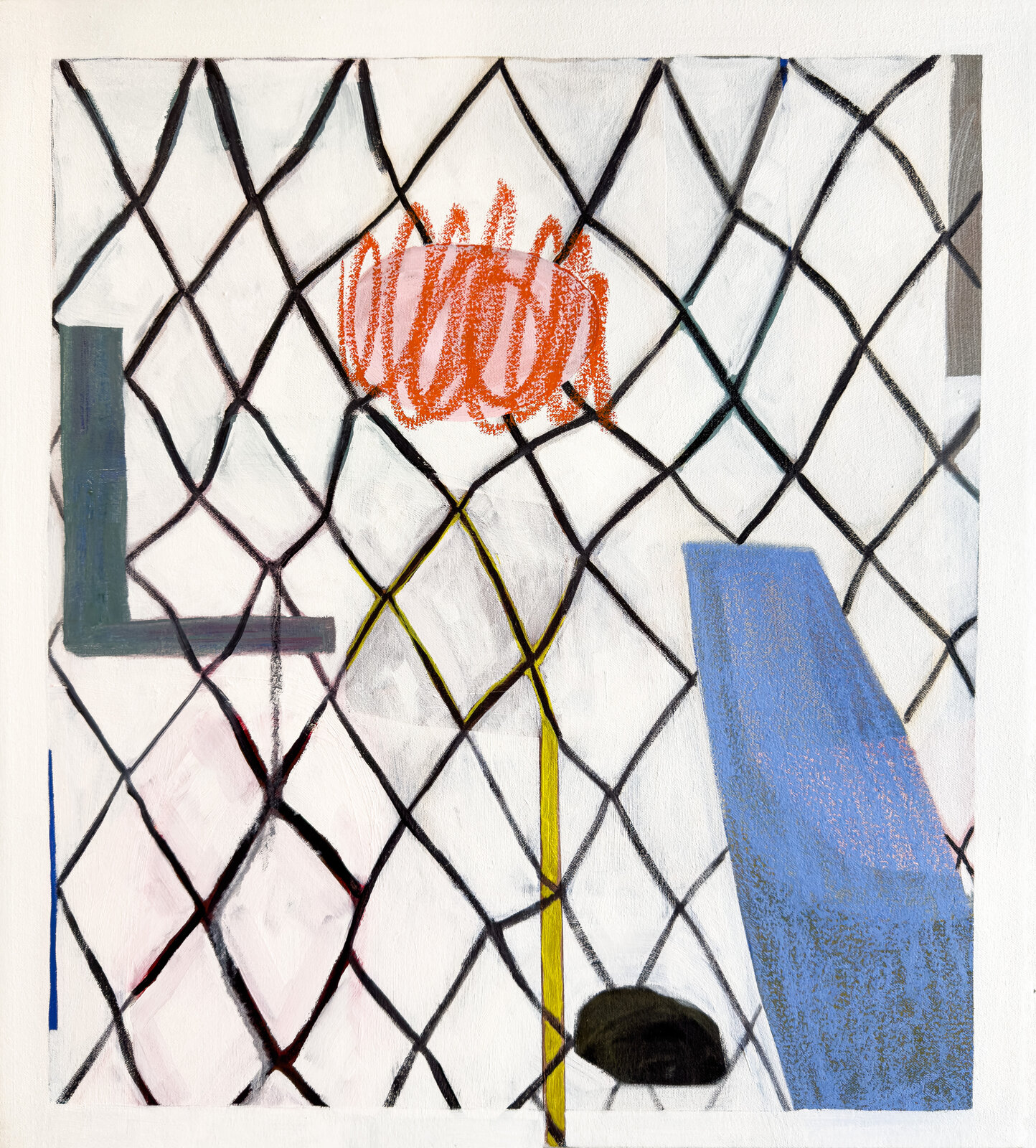 A geometric composition featuring a chain-link fence overlaying abstract shapes and colors.