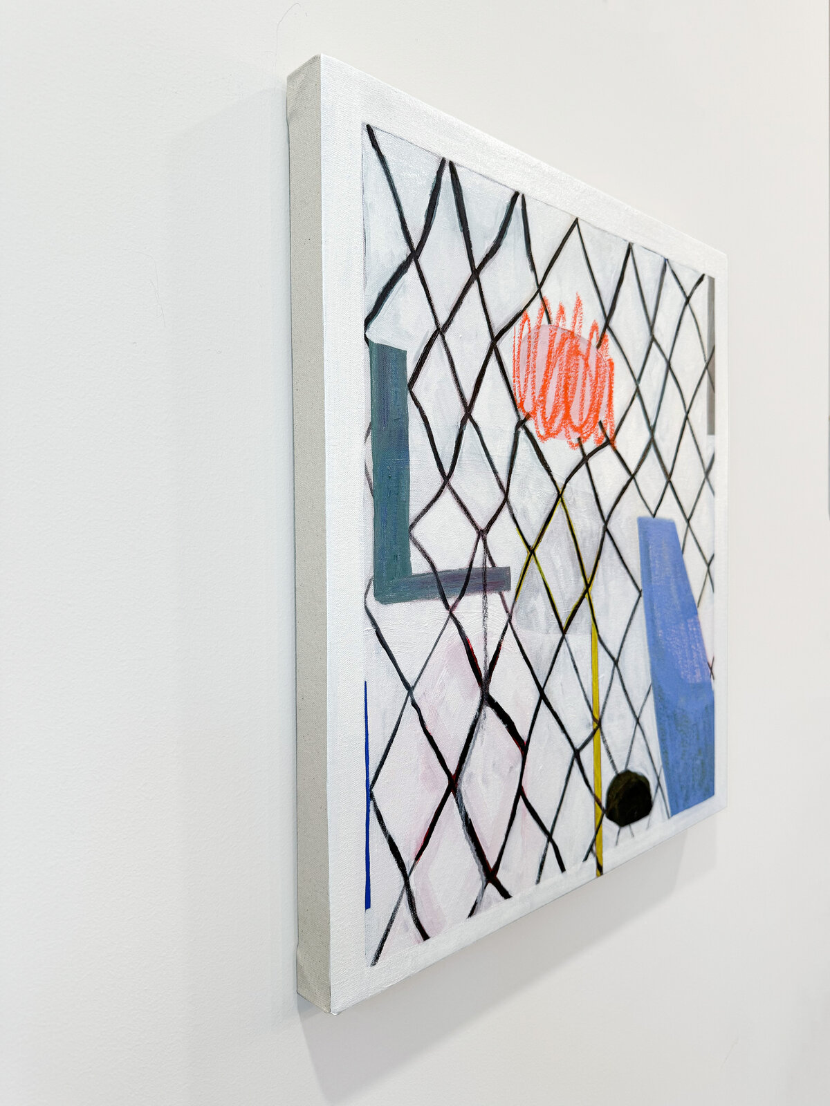 A geometric composition featuring a chain-link fence overlaying abstract shapes and colors.