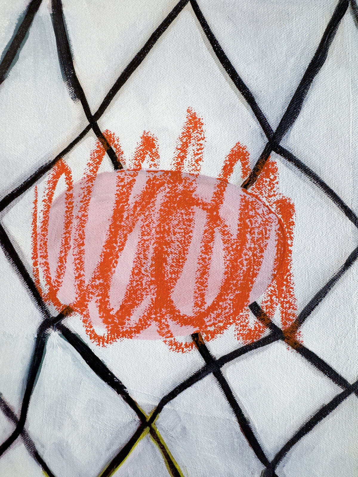 A geometric composition featuring a chain-link fence overlaying abstract shapes and colors.