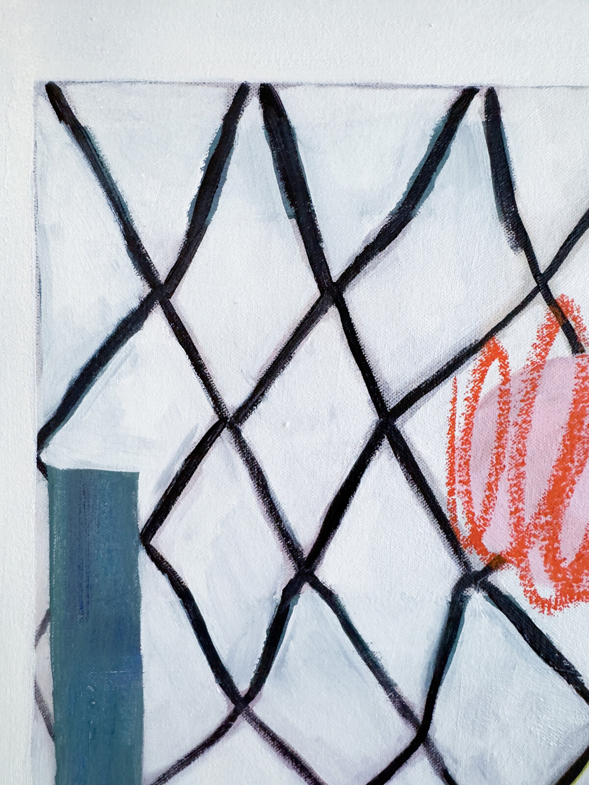 A geometric composition featuring a chain-link fence overlaying abstract shapes and colors.