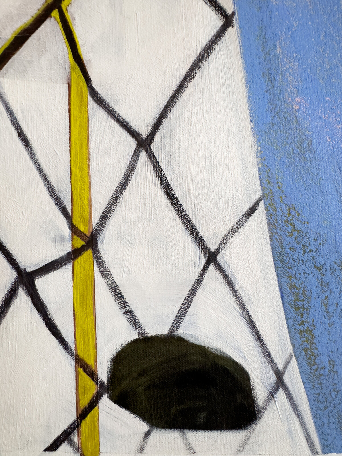 A geometric composition featuring a chain-link fence overlaying abstract shapes and colors.