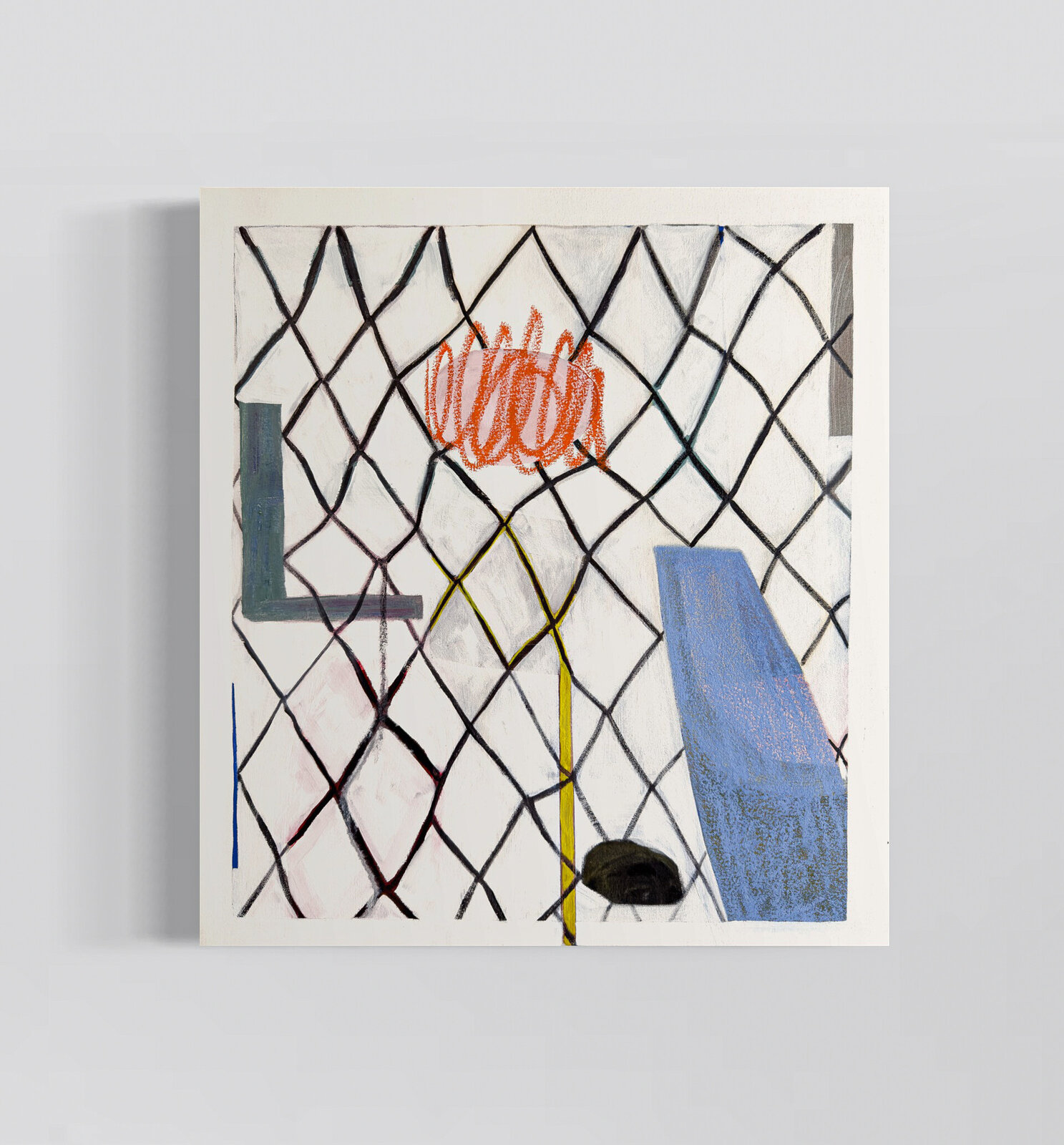 A geometric composition featuring a chain-link fence overlaying abstract shapes and colors.