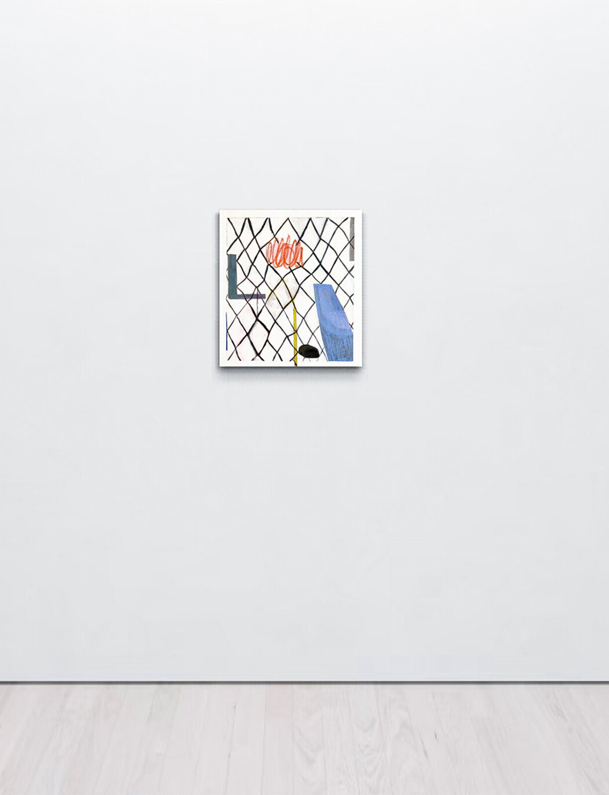 A geometric composition featuring a chain-link fence overlaying abstract shapes and colors.