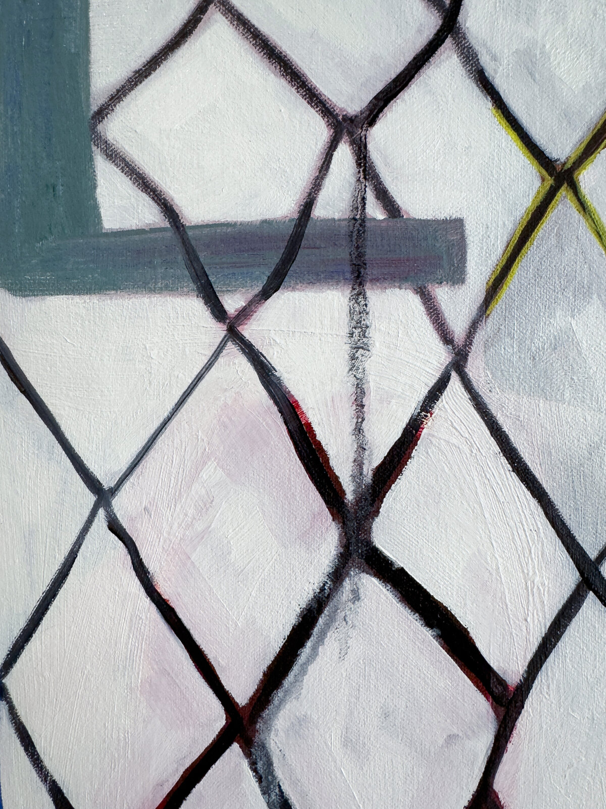 A geometric composition featuring a chain-link fence overlaying abstract shapes and colors.