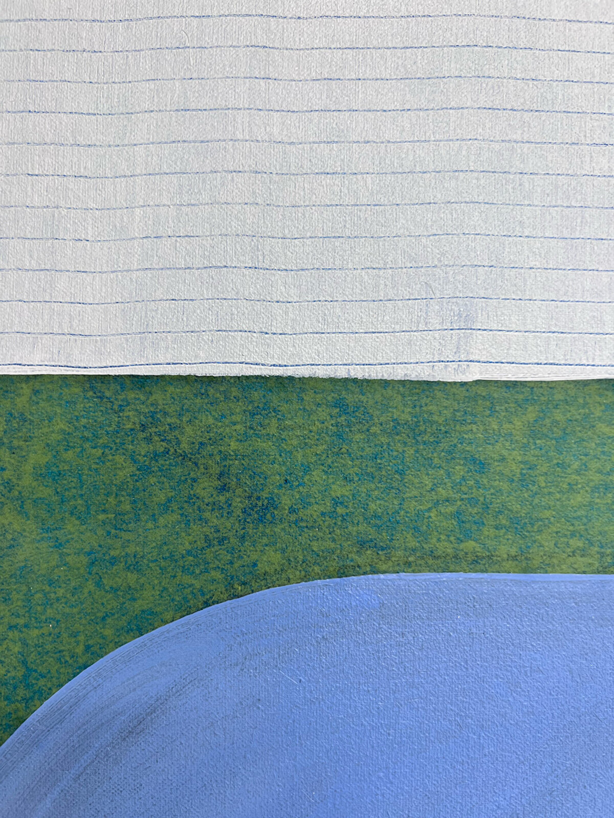 An abstract composition blending organic blue forms with a rigid wooden lattice structure.
