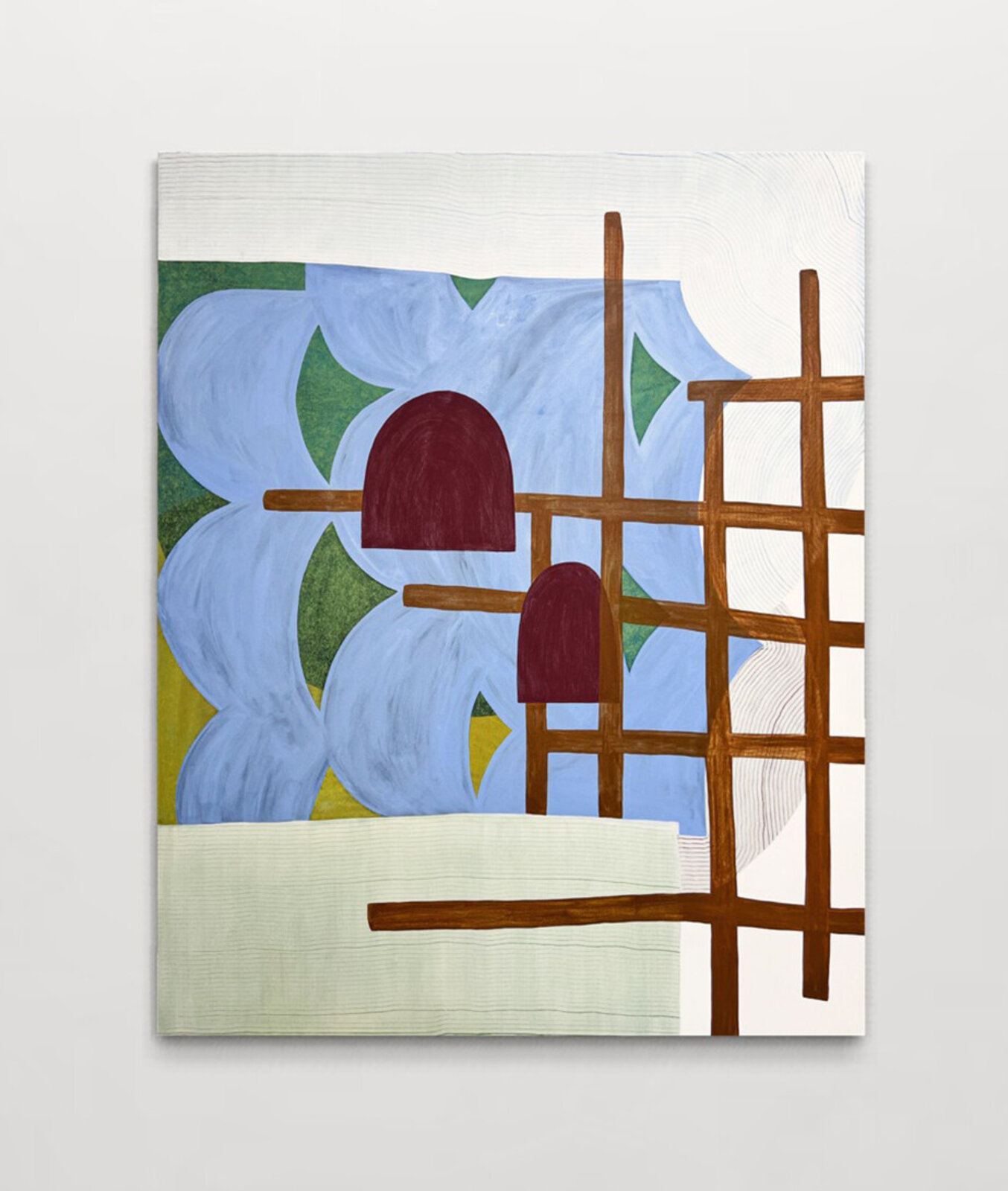 An abstract composition blending organic blue forms with a rigid wooden lattice structure.