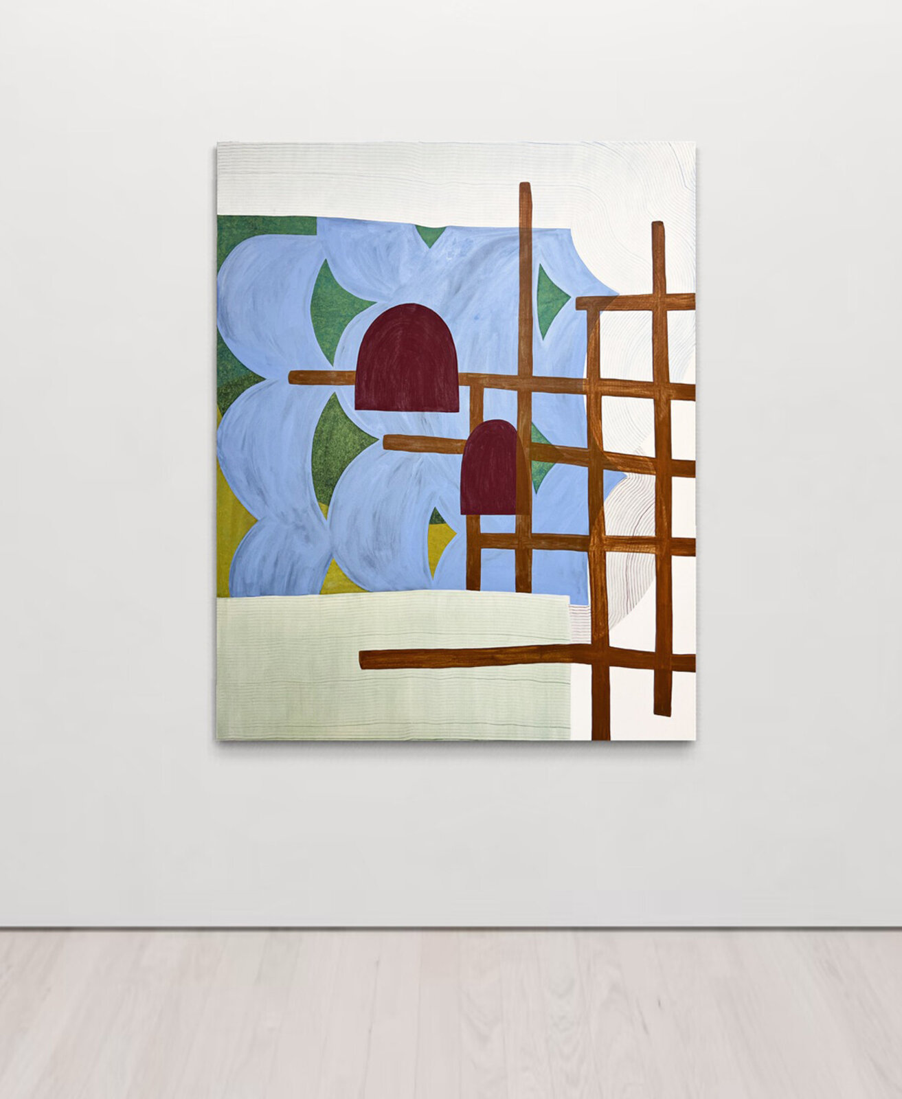 An abstract composition blending organic blue forms with a rigid wooden lattice structure.