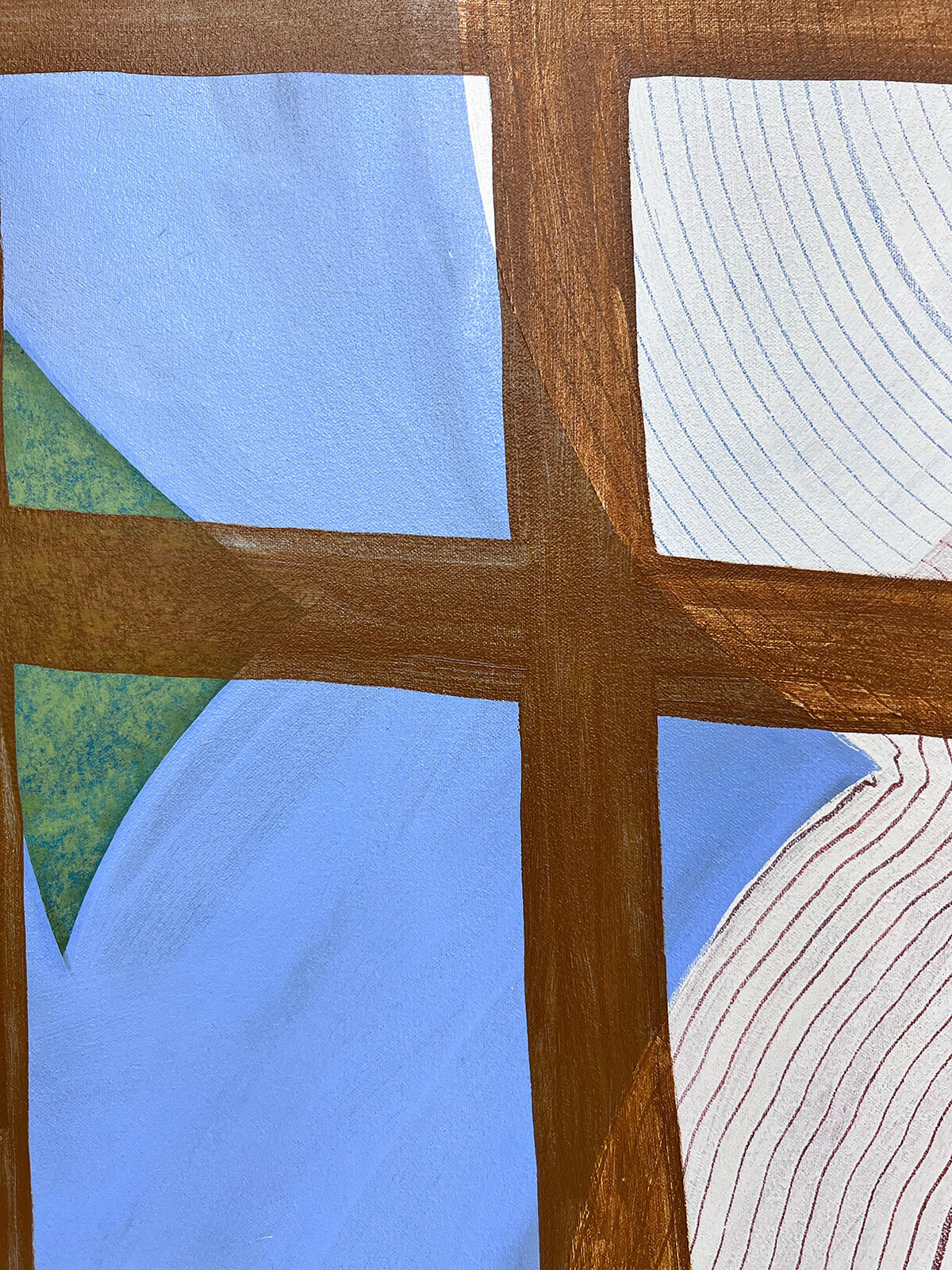 An abstract composition blending organic blue forms with a rigid wooden lattice structure.