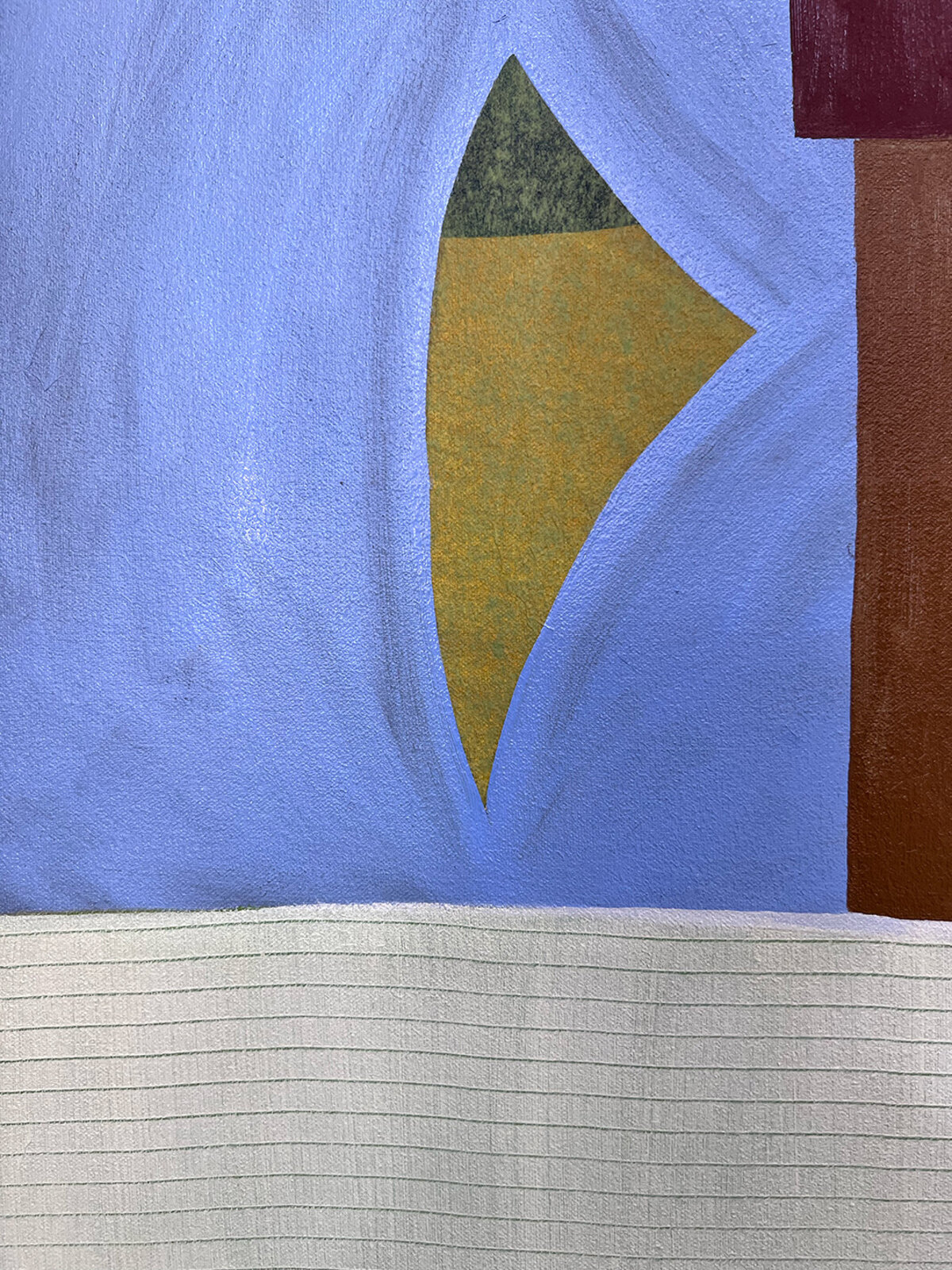 An abstract composition blending organic blue forms with a rigid wooden lattice structure.