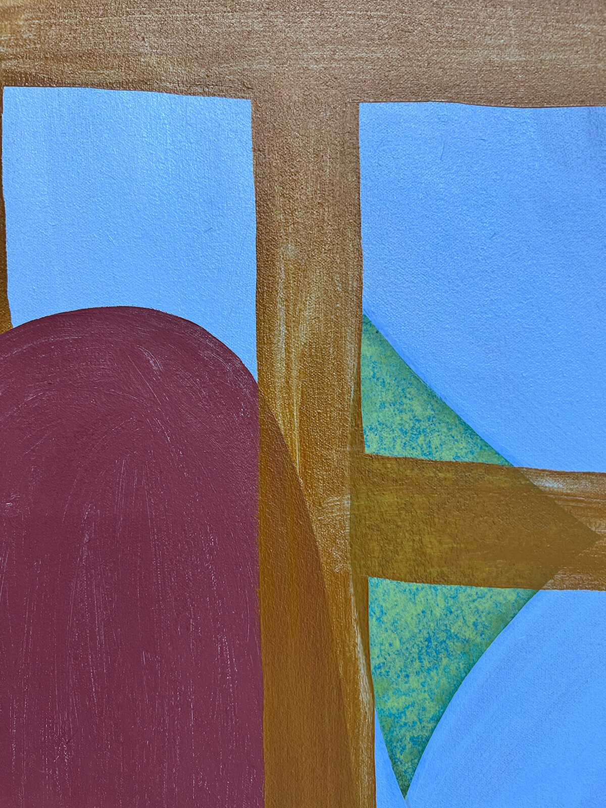 An abstract composition blending organic blue forms with a rigid wooden lattice structure.