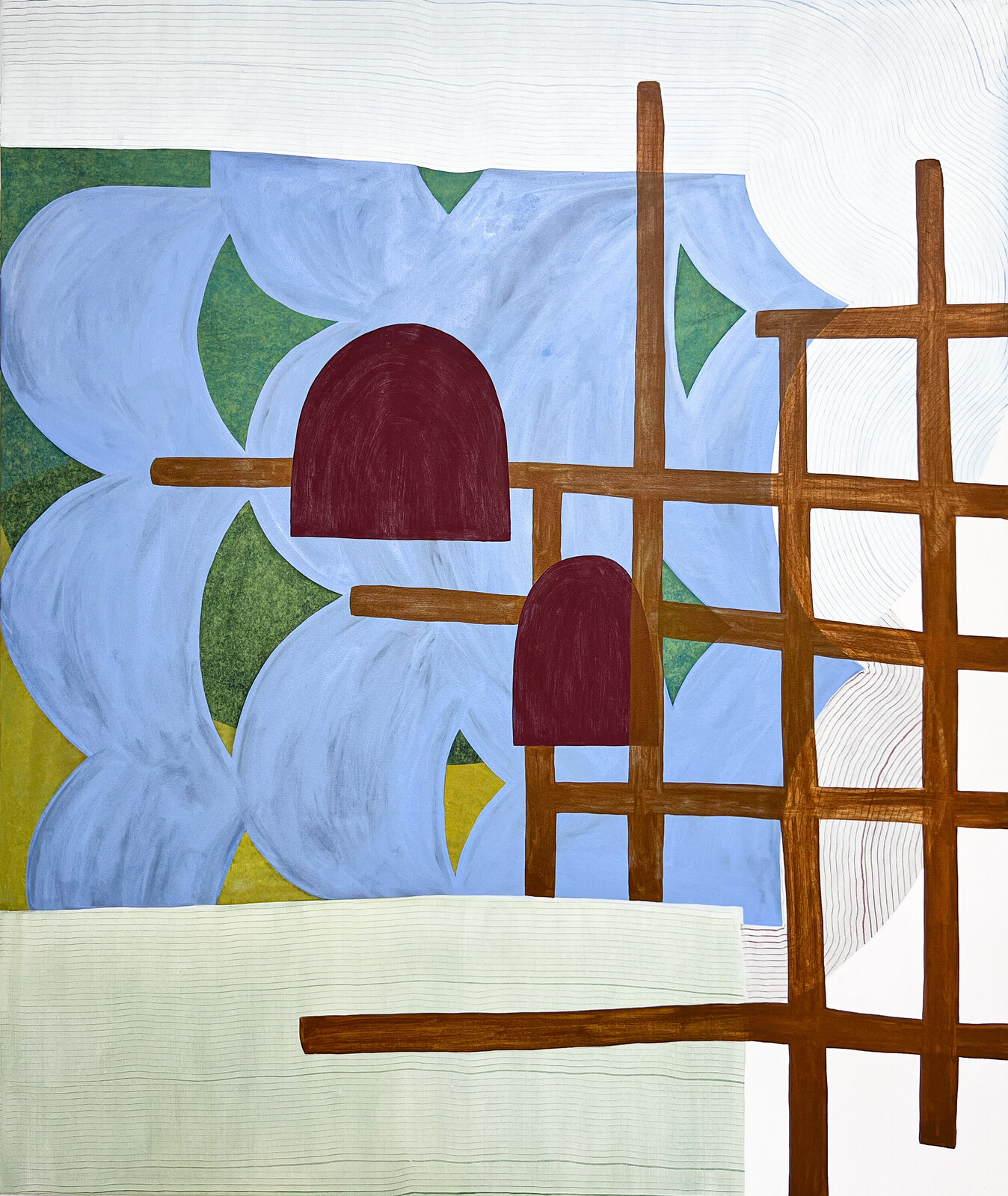An abstract composition blending organic blue forms with a rigid wooden lattice structure.