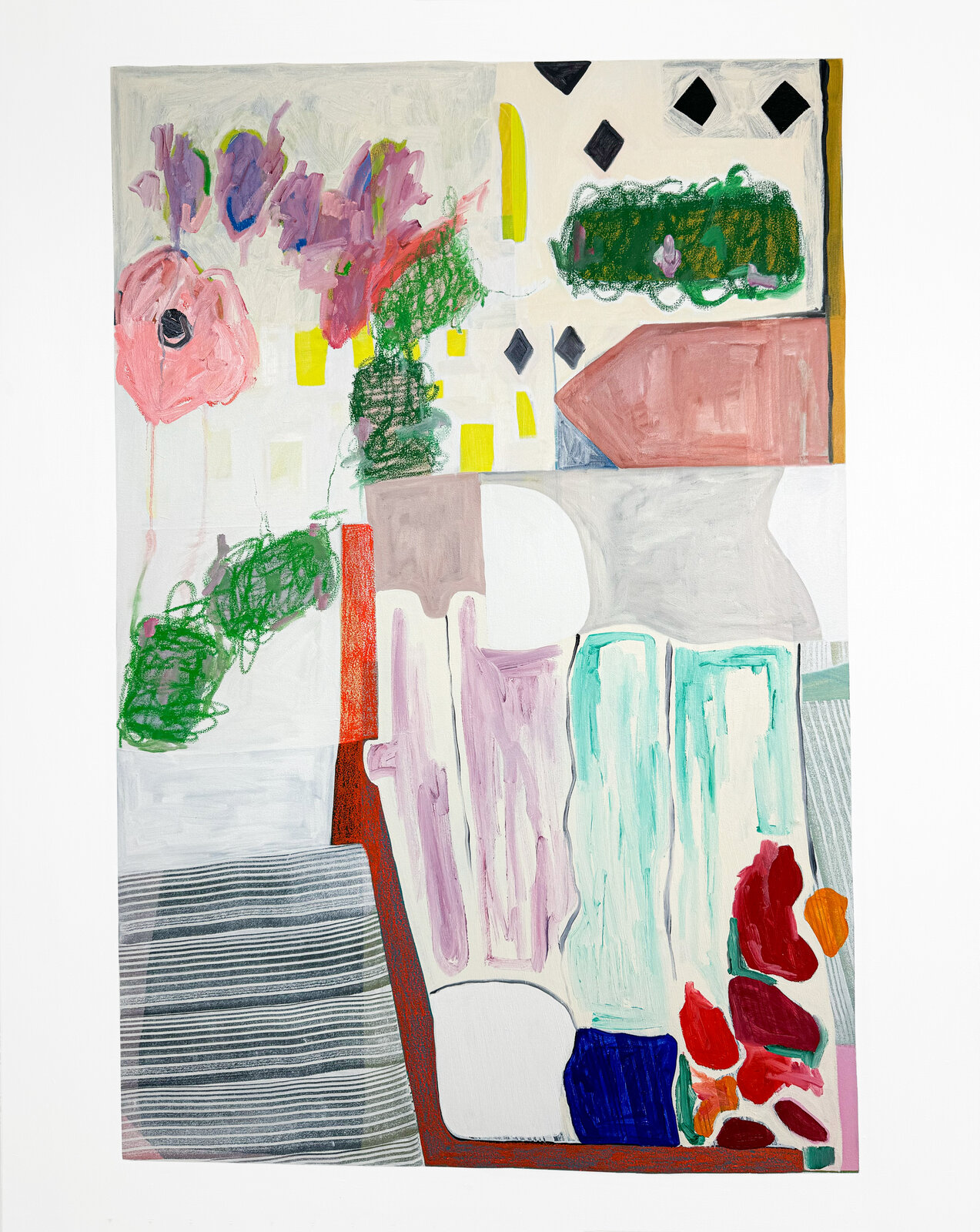 A colorful, abstract still life featuring a vase of flowers and geometric shapes.
