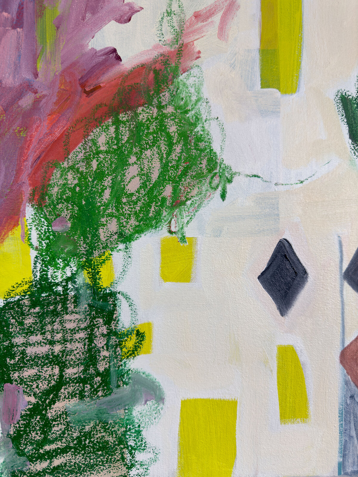 A colorful, abstract still life featuring a vase of flowers and geometric shapes.