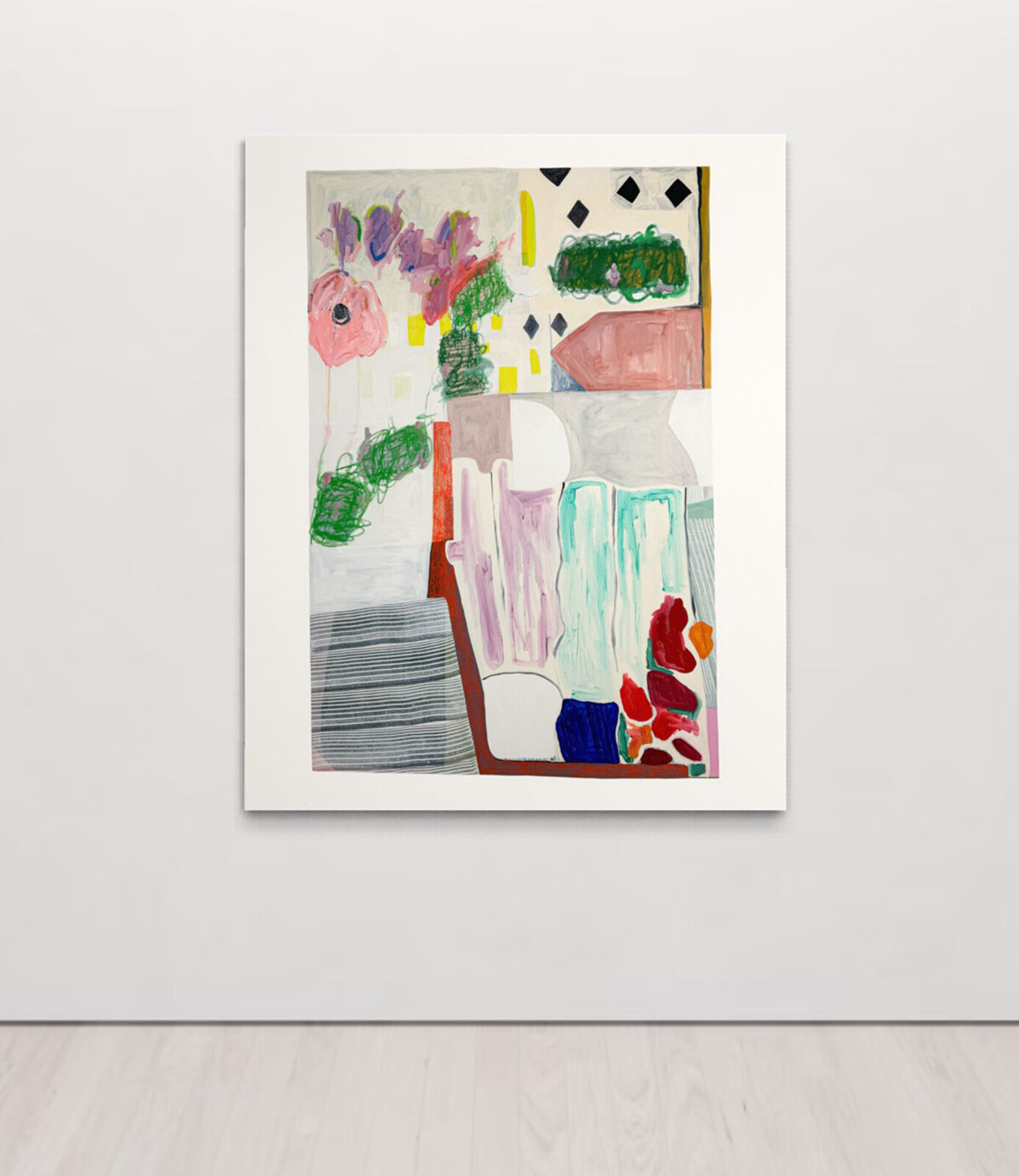 A colorful, abstract still life featuring a vase of flowers and geometric shapes.
