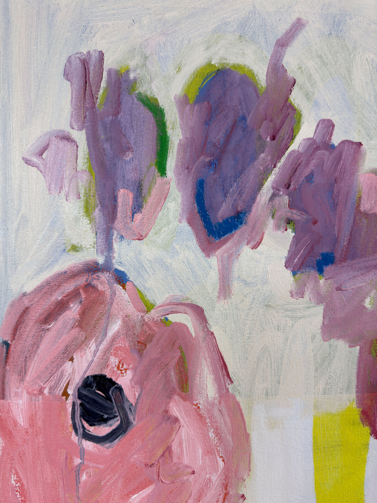 A colorful, abstract still life featuring a vase of flowers and geometric shapes.