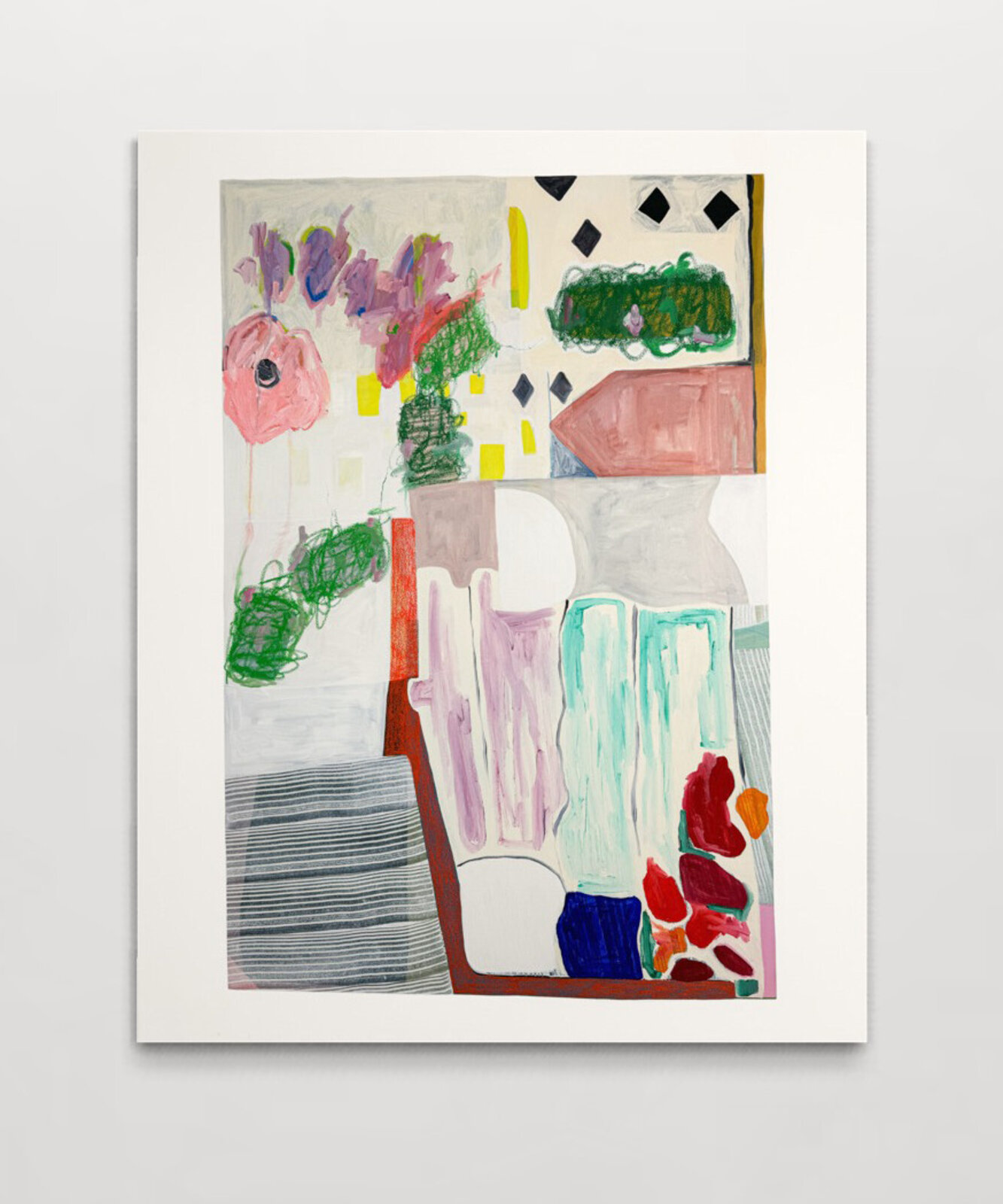 A colorful, abstract still life featuring a vase of flowers and geometric shapes.