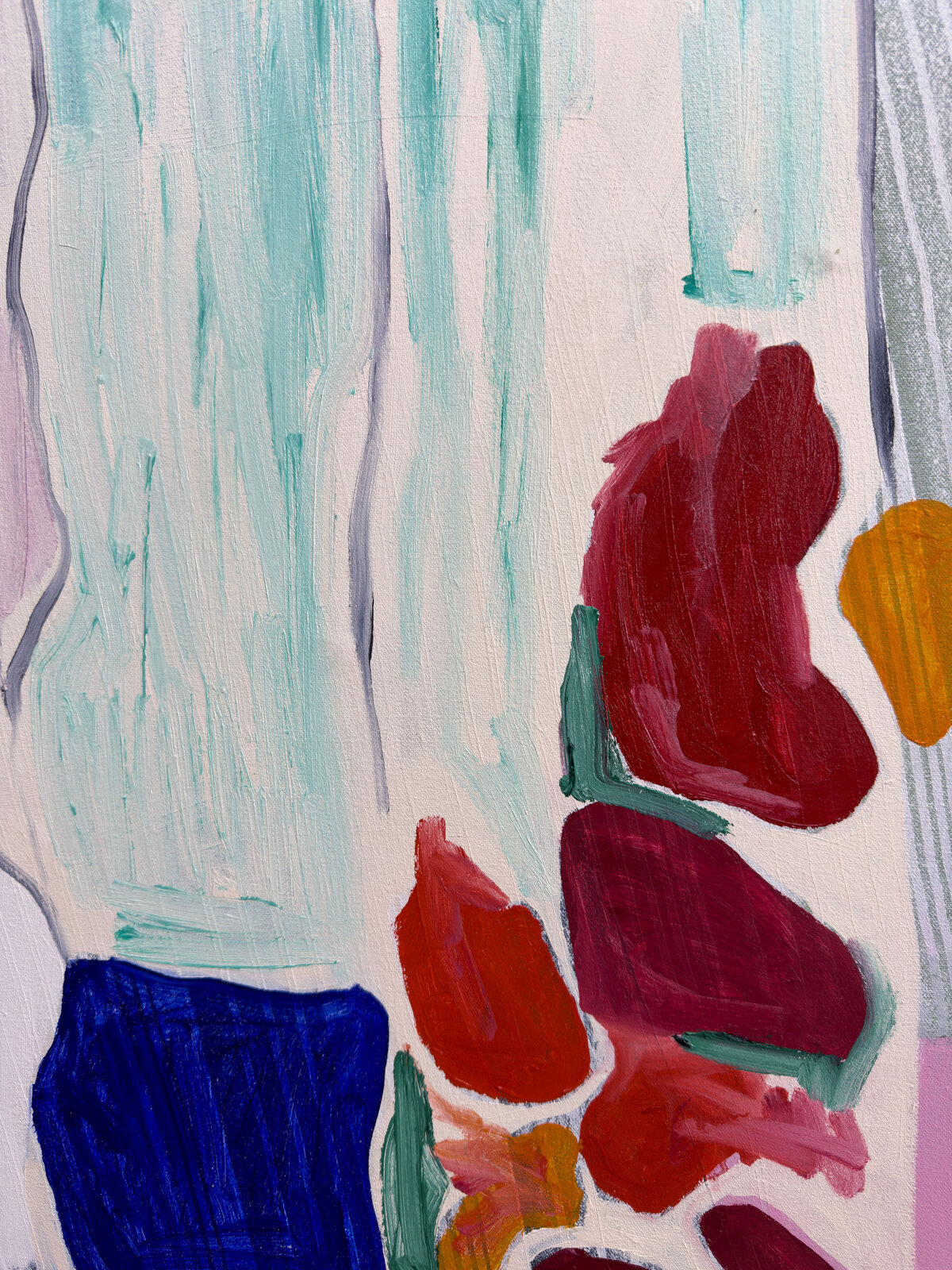A colorful, abstract still life featuring a vase of flowers and geometric shapes.