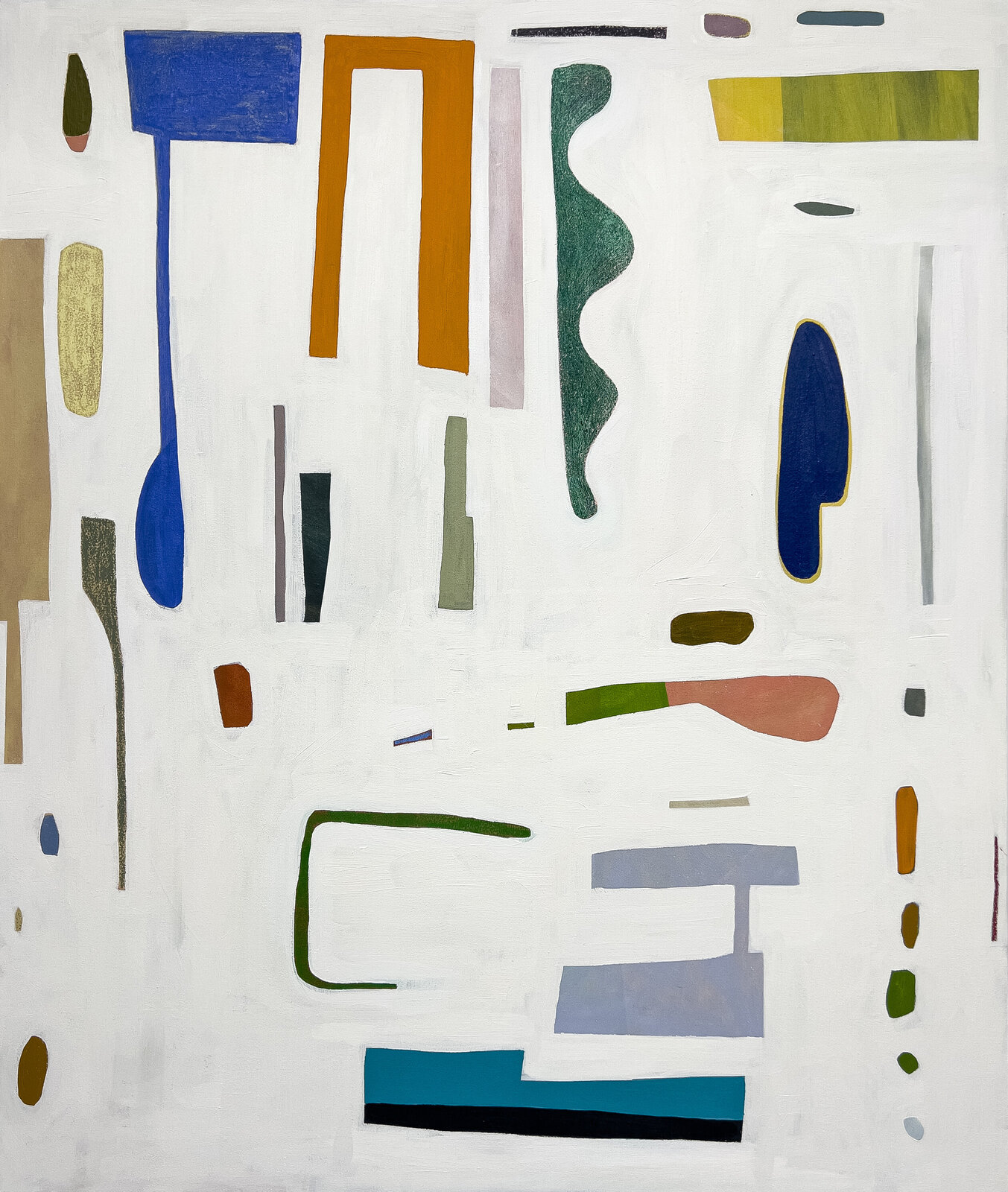 An abstract composition featuring a scattered arrangement of colorful geometric shapes and organic forms on a white background.