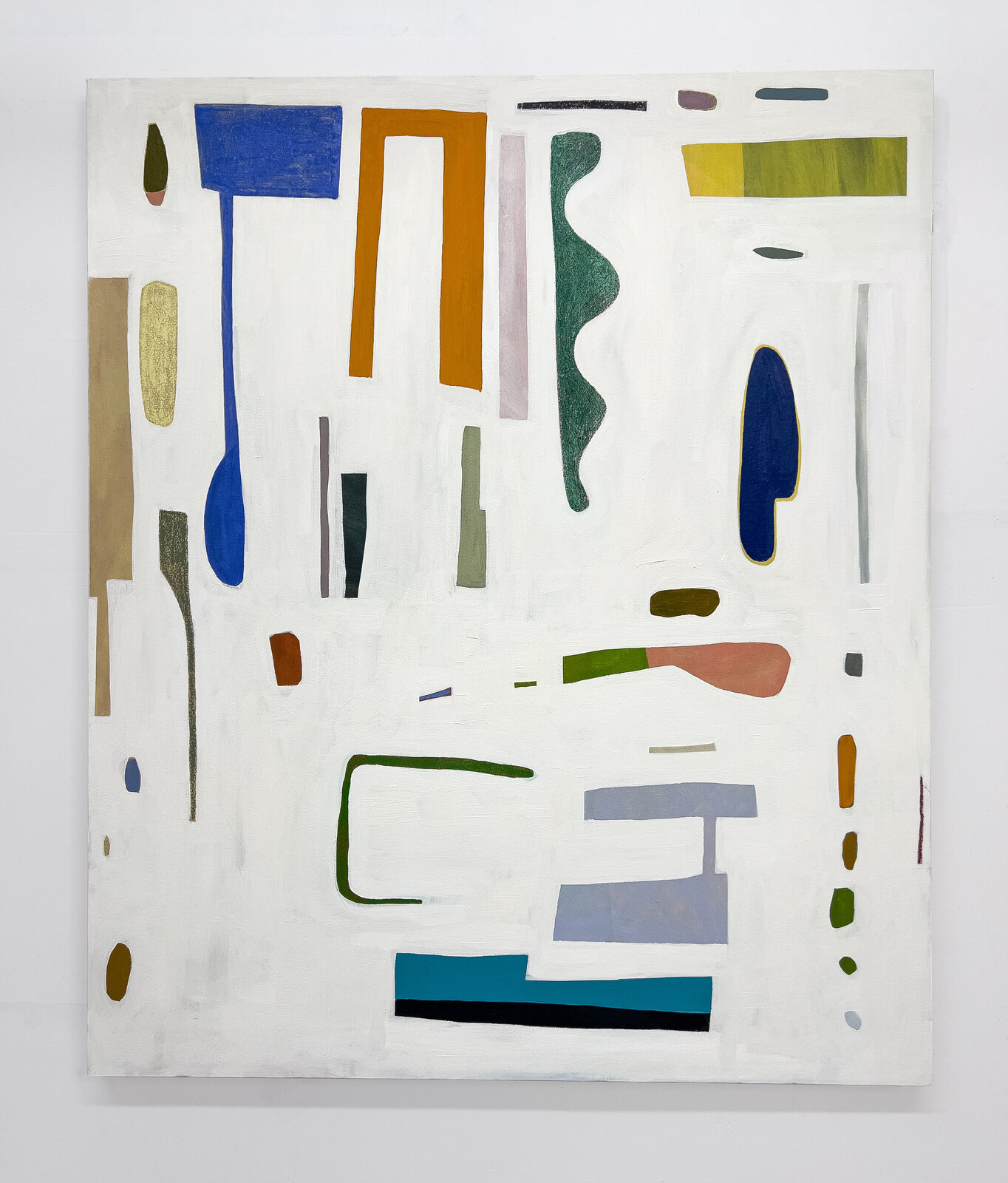 An abstract composition featuring a scattered arrangement of colorful geometric shapes and organic forms on a white background.