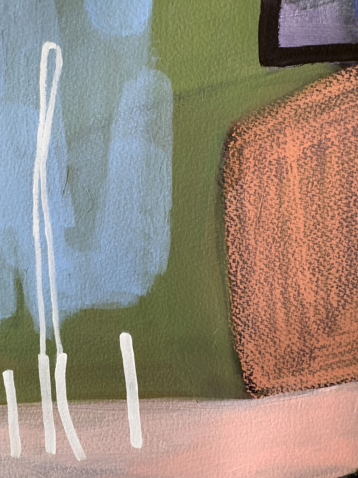 An abstract composition of a modern interior scene rendered in loose, expressive brushstrokes.