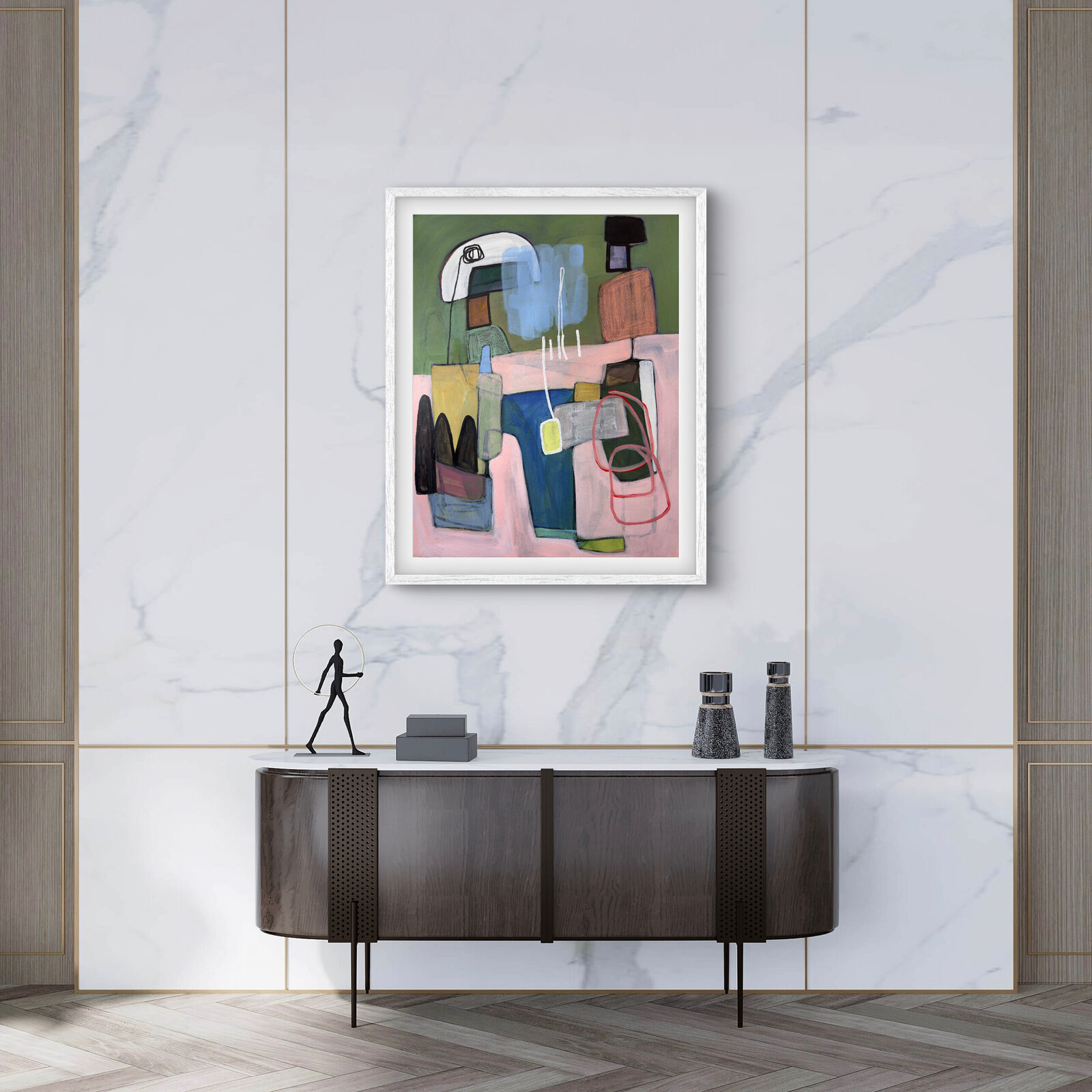An abstract composition of a modern interior scene rendered in loose, expressive brushstrokes.