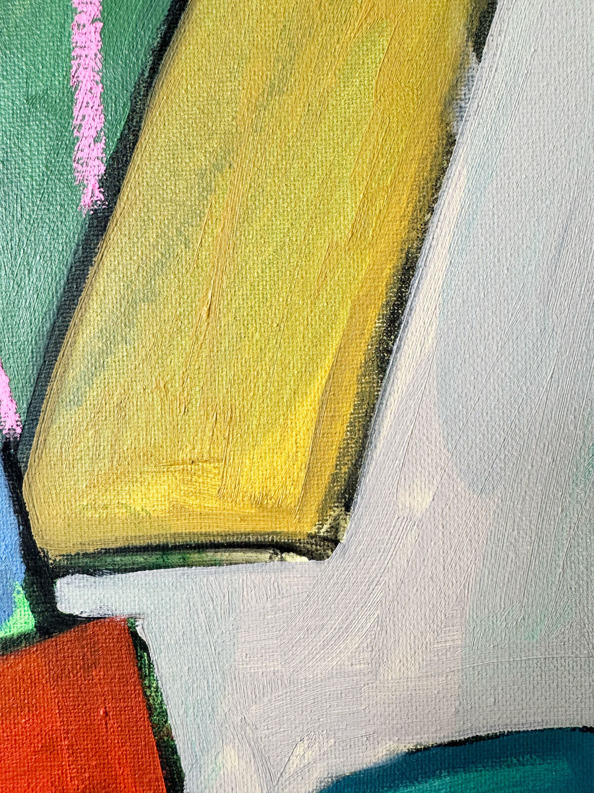 A colorful, abstract composition of a computer desk setup with bold outlines and vibrant hues.