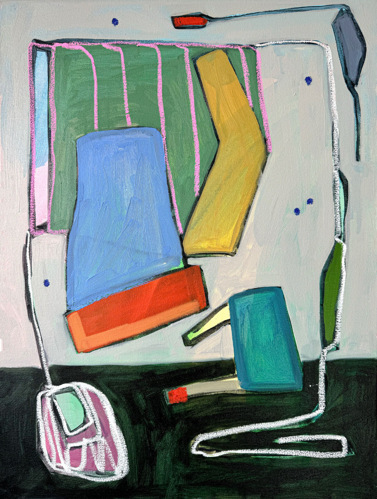 A colorful, abstract composition of a computer desk setup with bold outlines and vibrant hues.