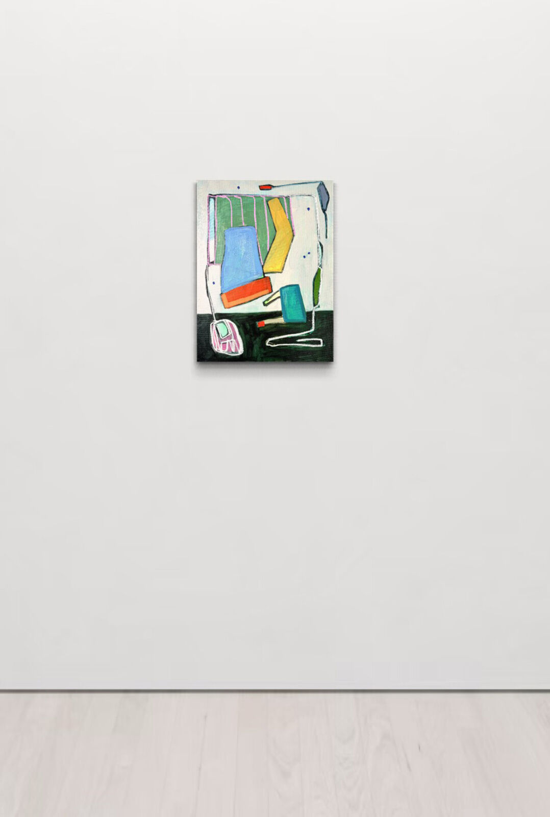 A colorful, abstract composition of a computer desk setup with bold outlines and vibrant hues.