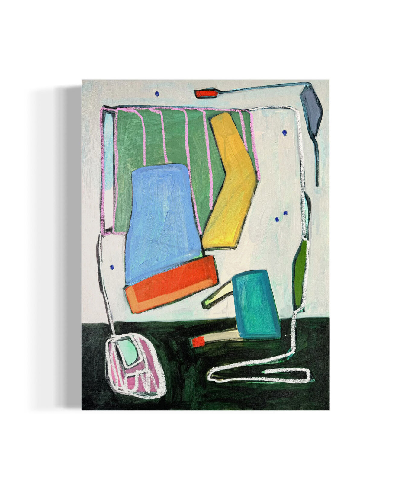 A colorful, abstract composition of a computer desk setup with bold outlines and vibrant hues.