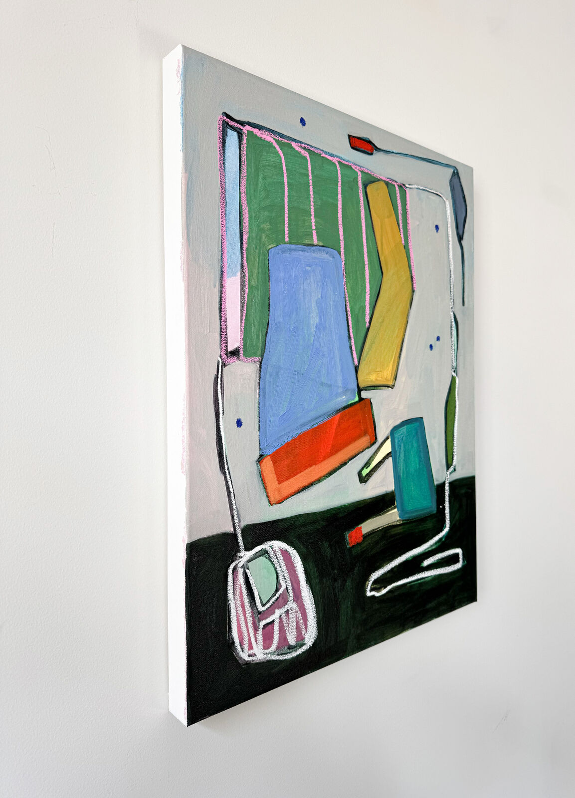 A colorful, abstract composition of a computer desk setup with bold outlines and vibrant hues.