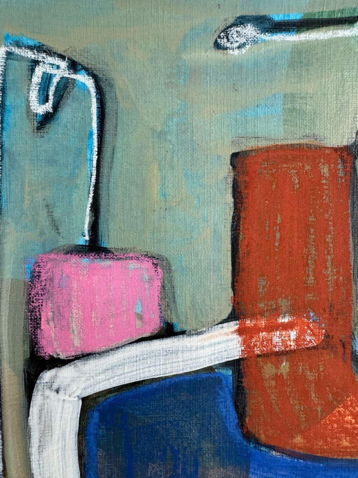 A colorful abstract painting of a chair with bold brushstrokes and a white outline frame.