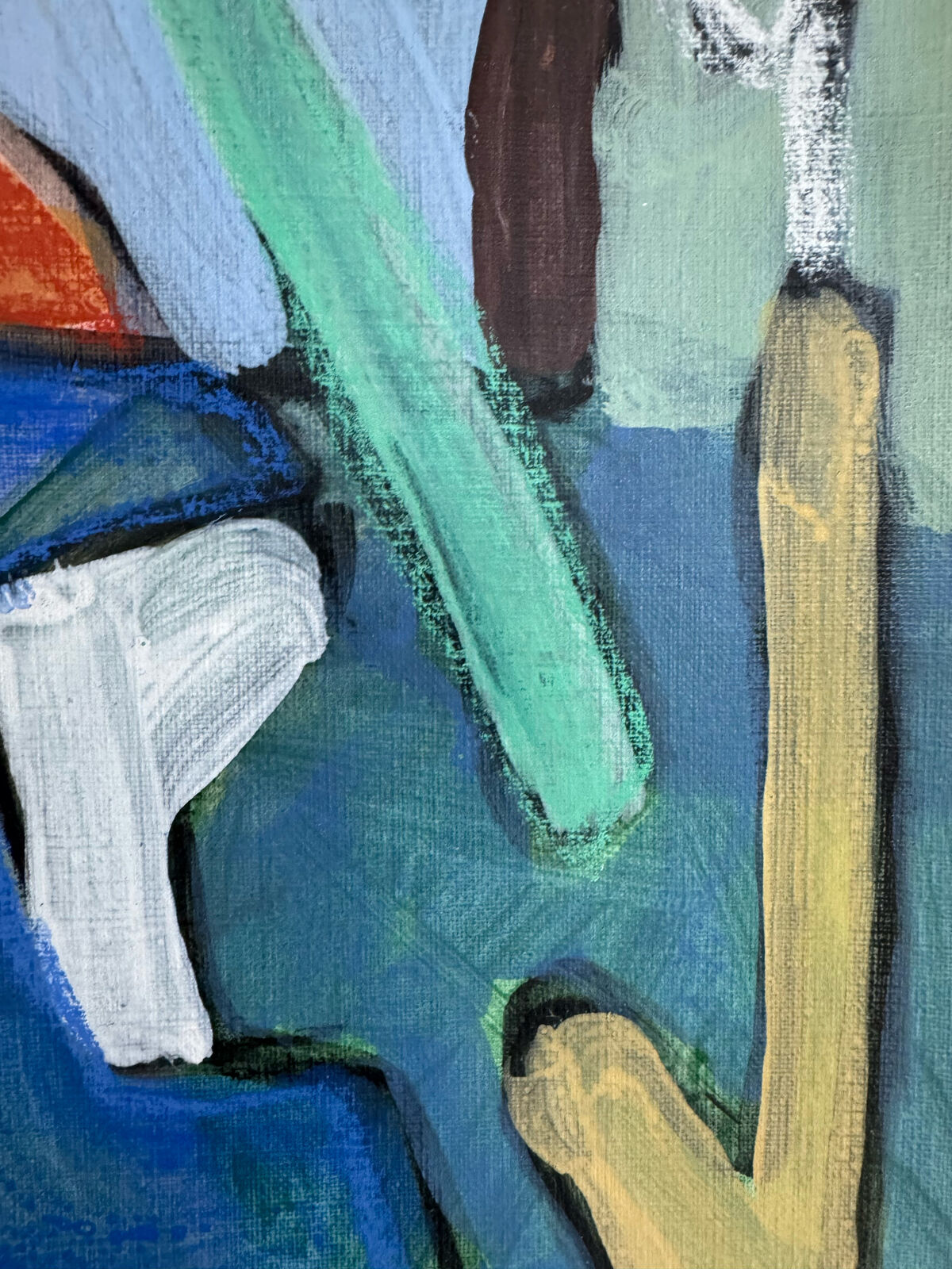 A colorful abstract painting of a chair with bold brushstrokes and a white outline frame.