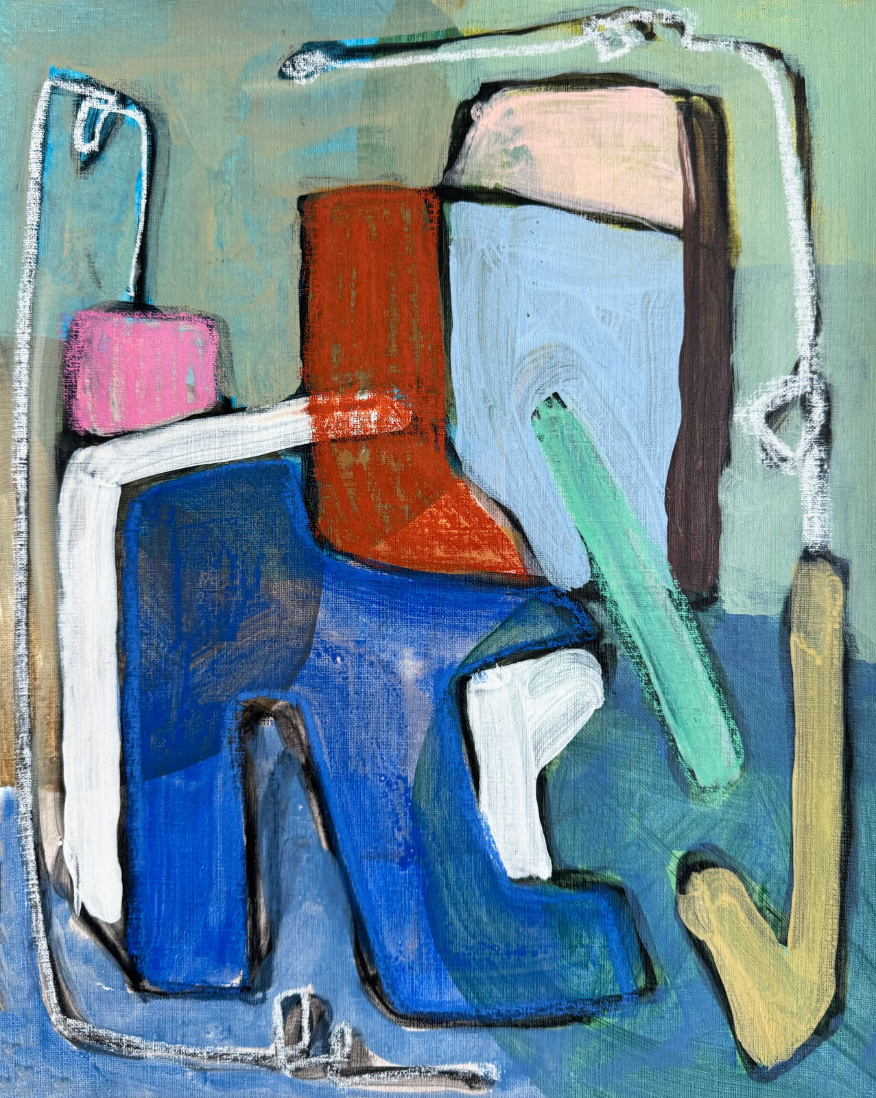 A colorful abstract painting of a chair with bold brushstrokes and a white outline frame.