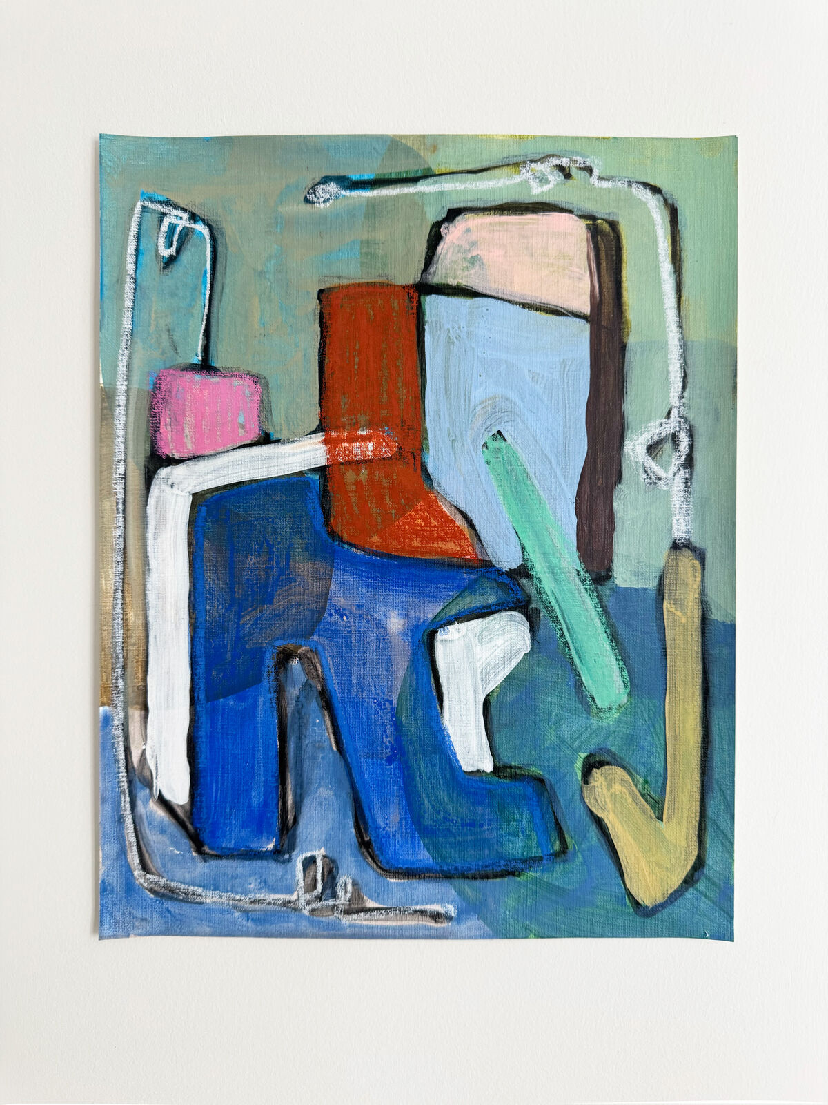 A colorful abstract painting of a chair with bold brushstrokes and a white outline frame.