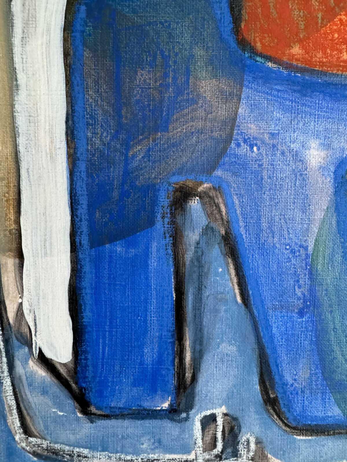 A colorful abstract painting of a chair with bold brushstrokes and a white outline frame.