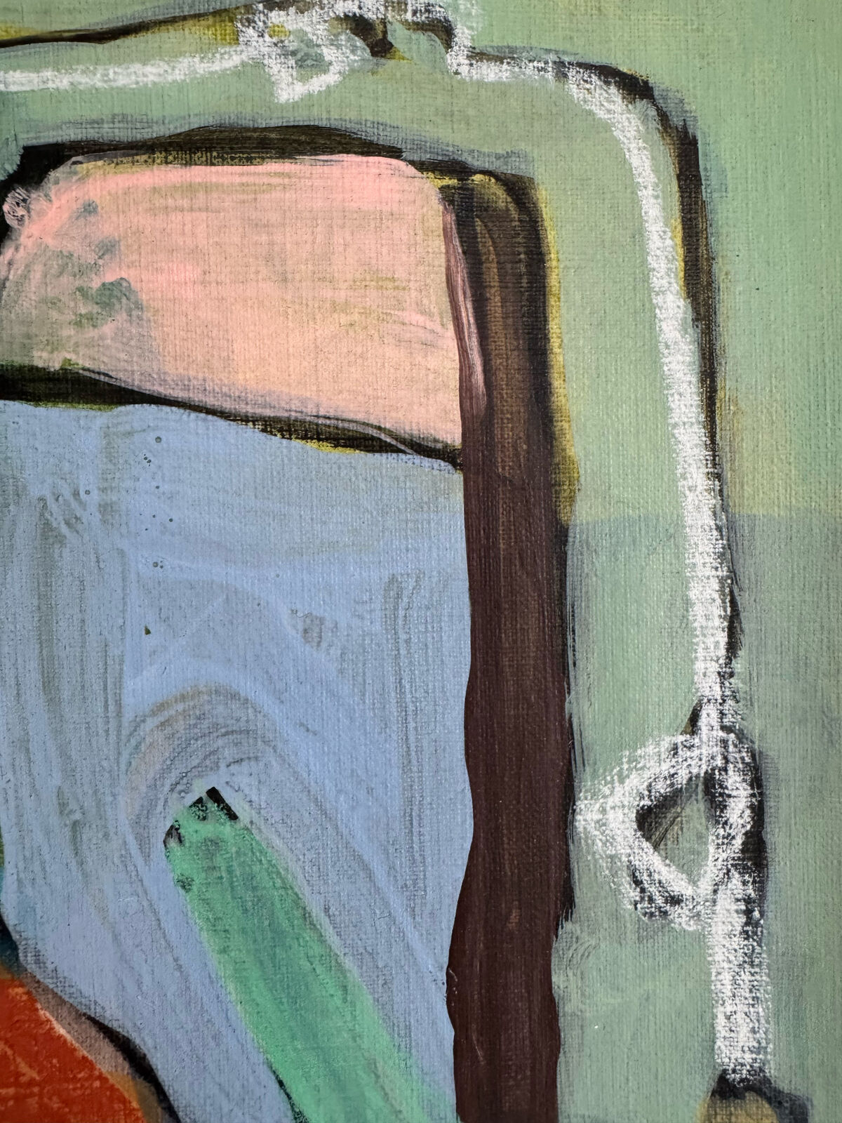 A colorful abstract painting of a chair with bold brushstrokes and a white outline frame.