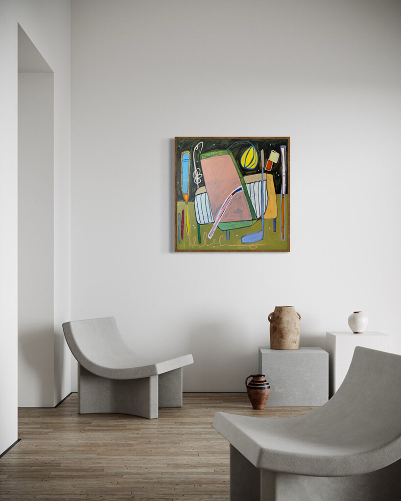 A colorful, abstract composition of stylized objects against a dark background.