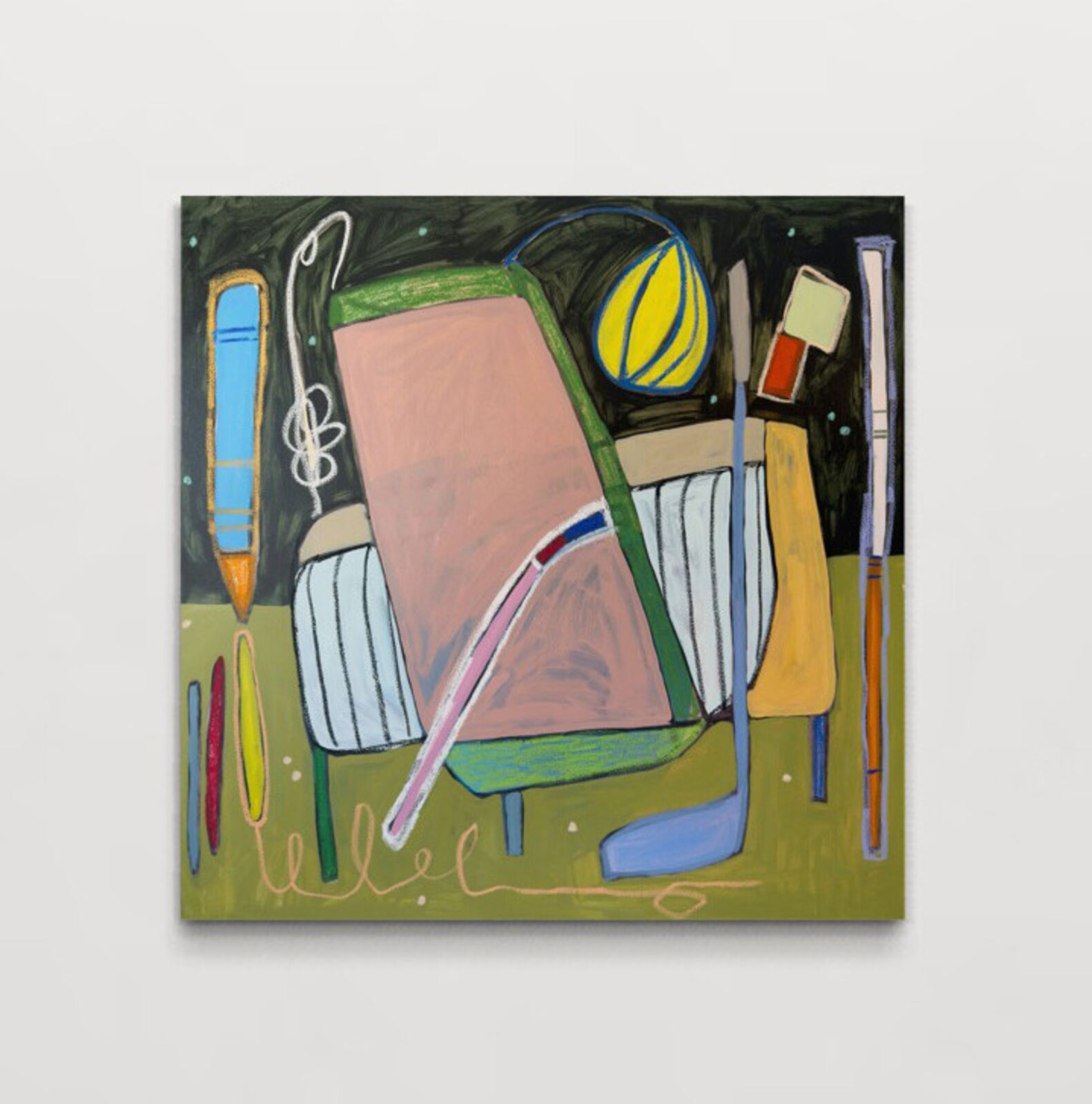 A colorful, abstract composition of stylized objects against a dark background.
