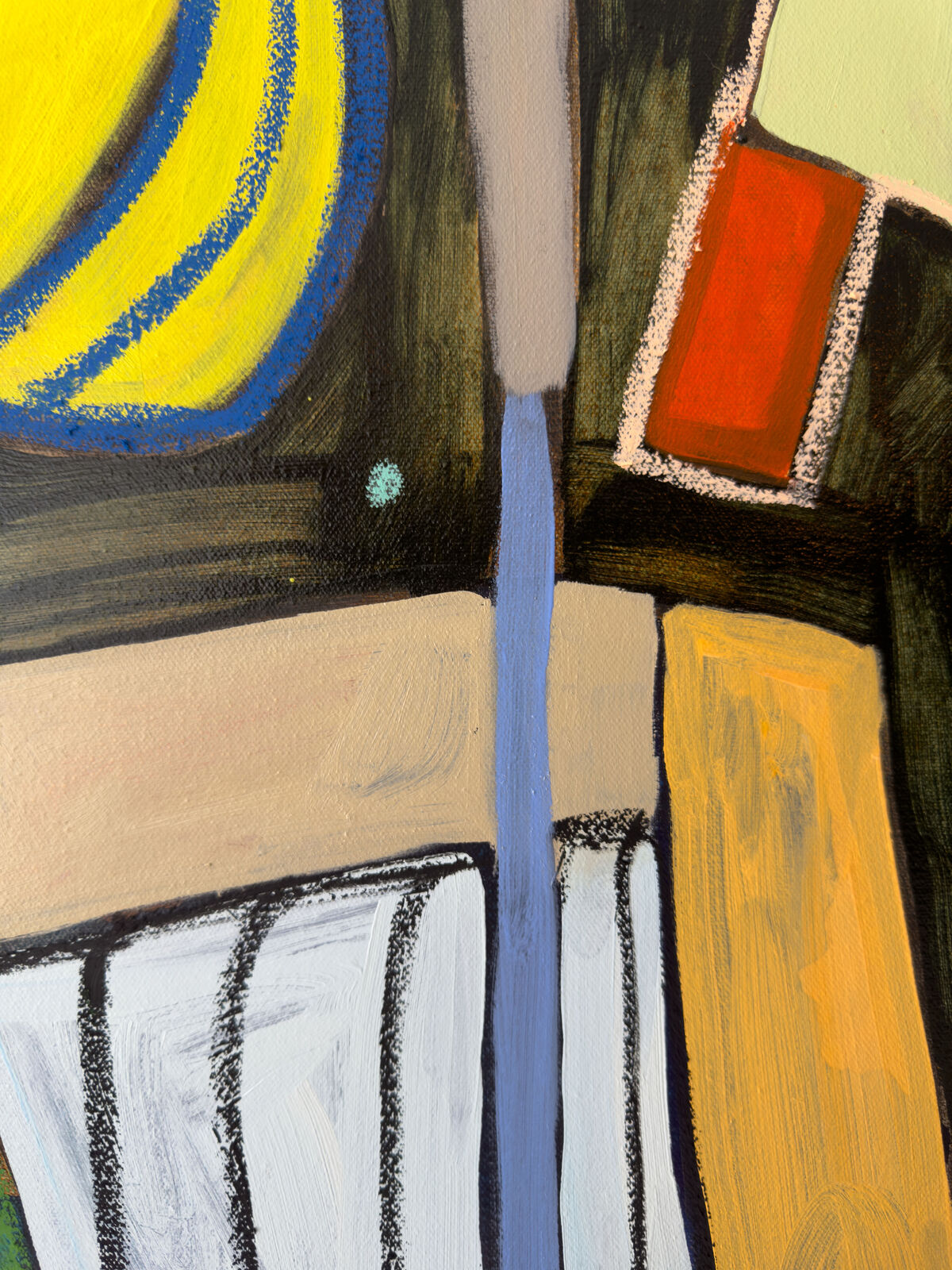 A colorful, abstract composition of stylized objects against a dark background.