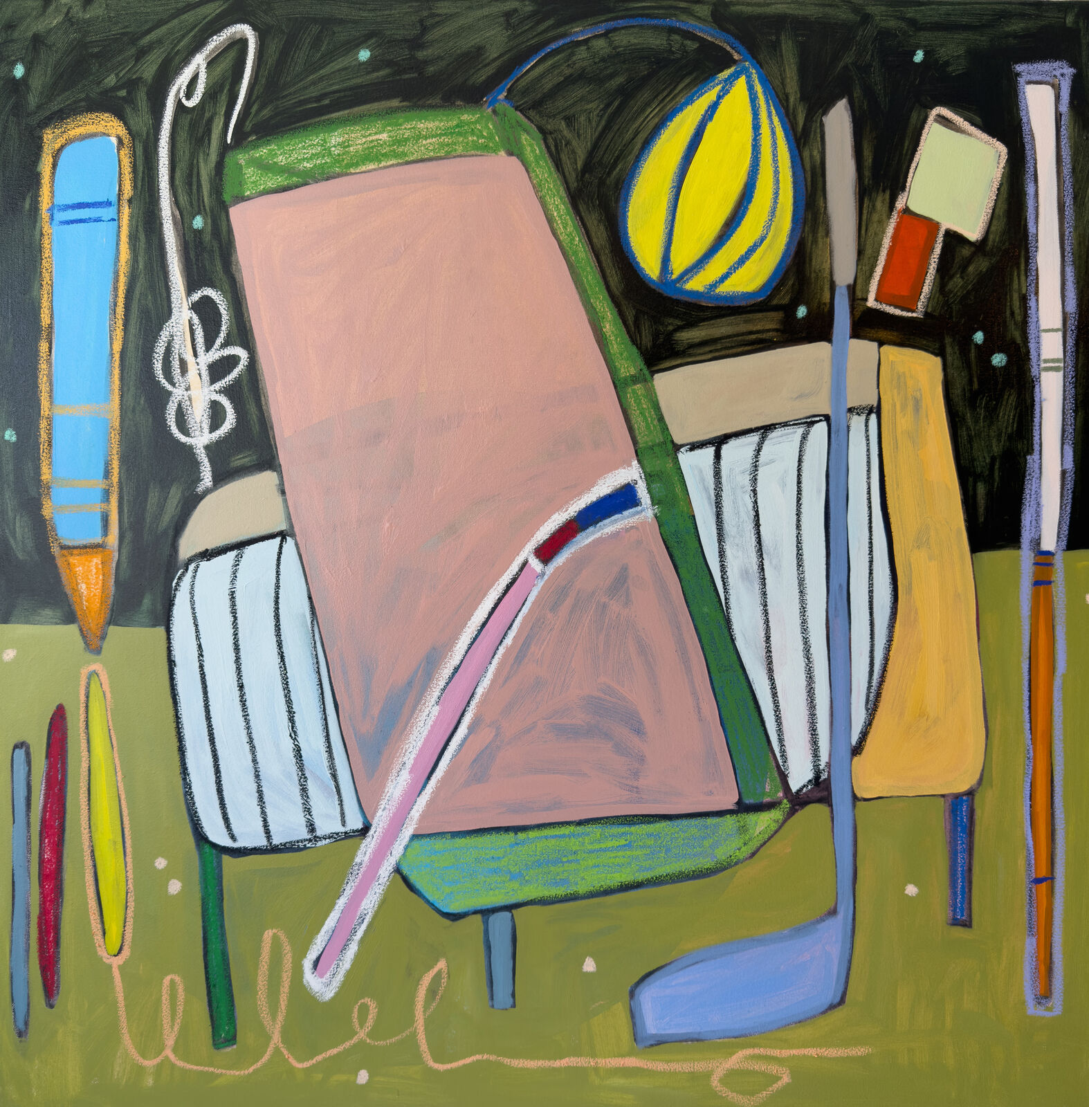 A colorful, abstract composition of stylized objects against a dark background.