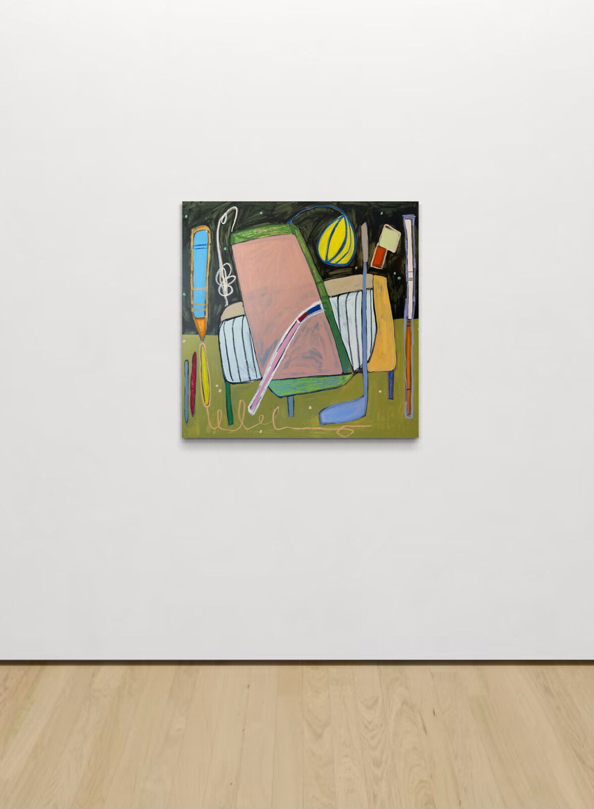 A colorful, abstract composition of stylized objects against a dark background.