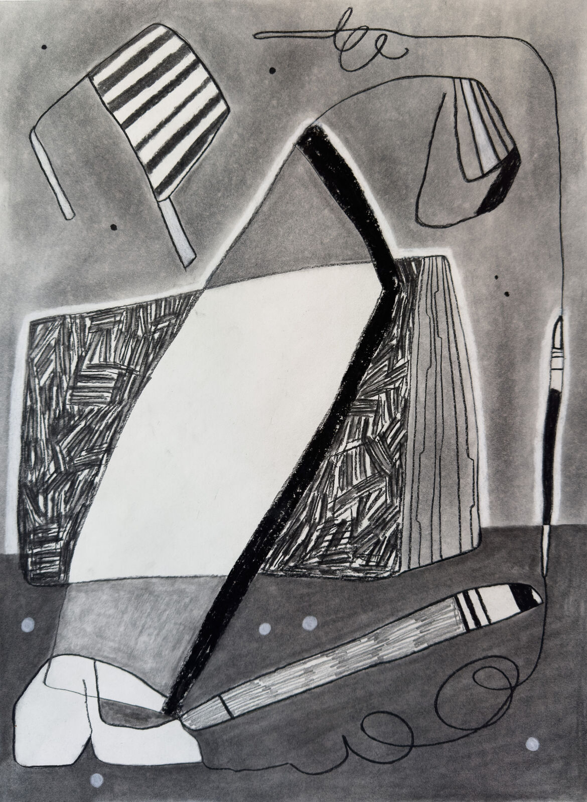 A monochromatic drawing of a still life featuring a striped chair, a book, and a pen on a gray background.