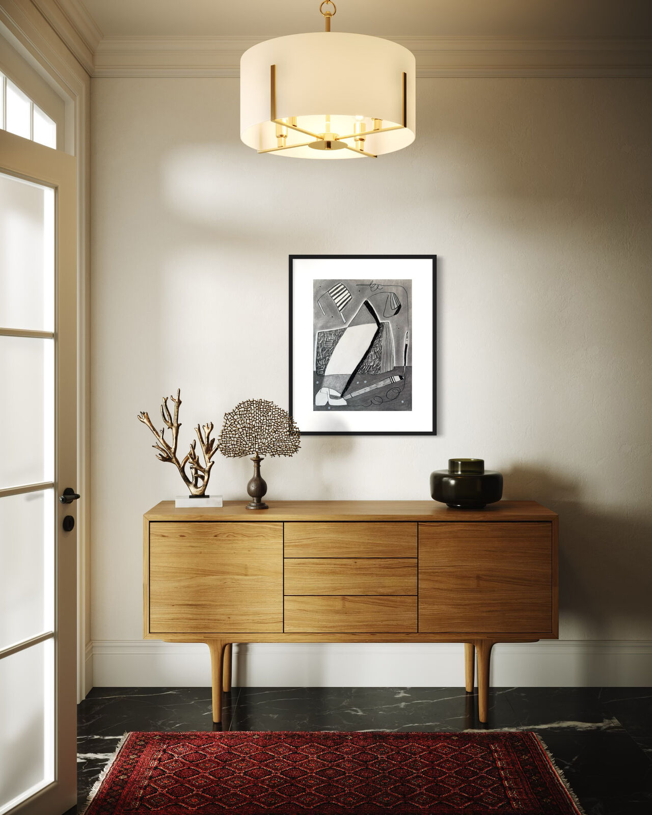 A monochromatic drawing of a still life featuring a striped chair, a book, and a pen on a gray background.