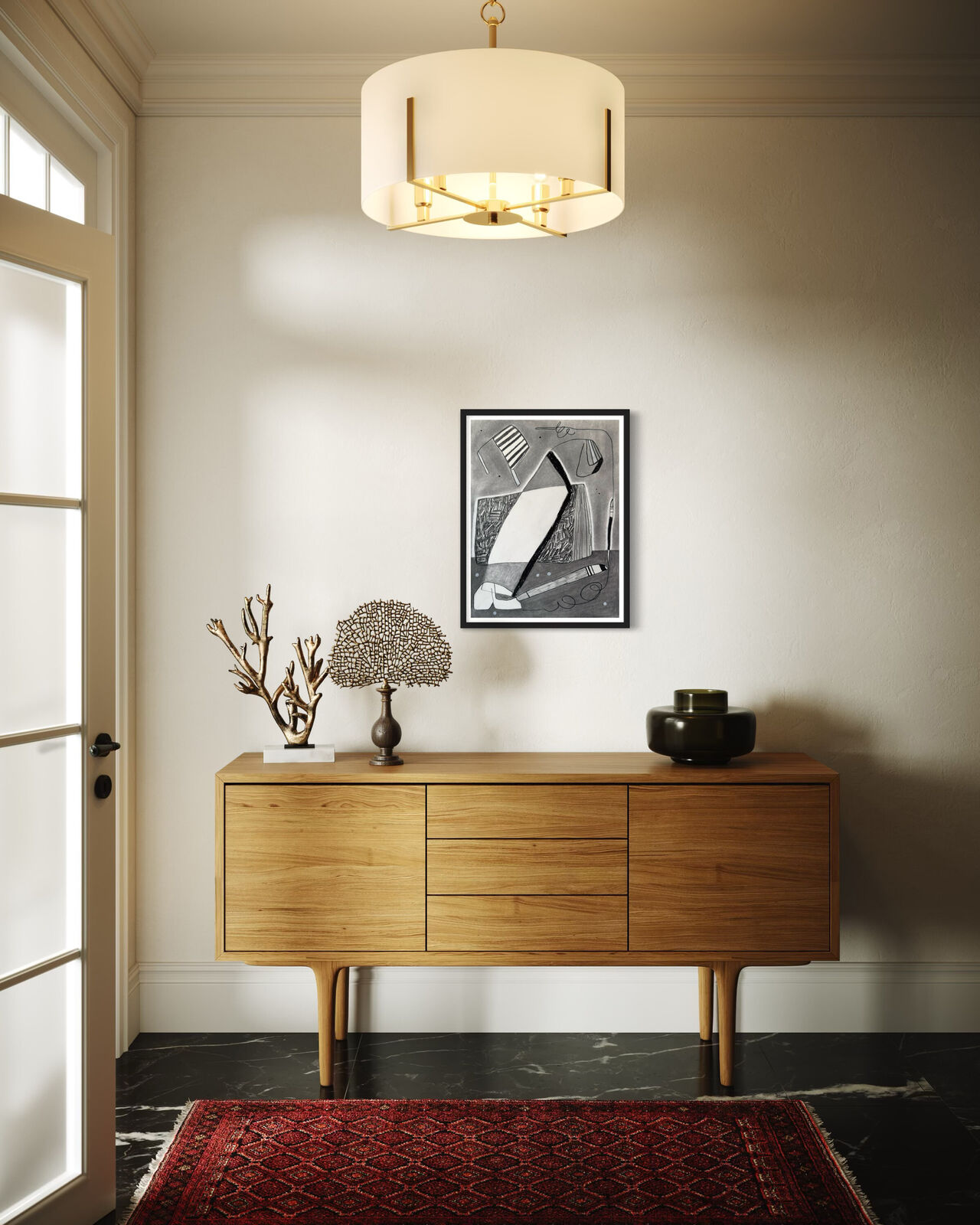 A monochromatic drawing of a still life featuring a striped chair, a book, and a pen on a gray background.