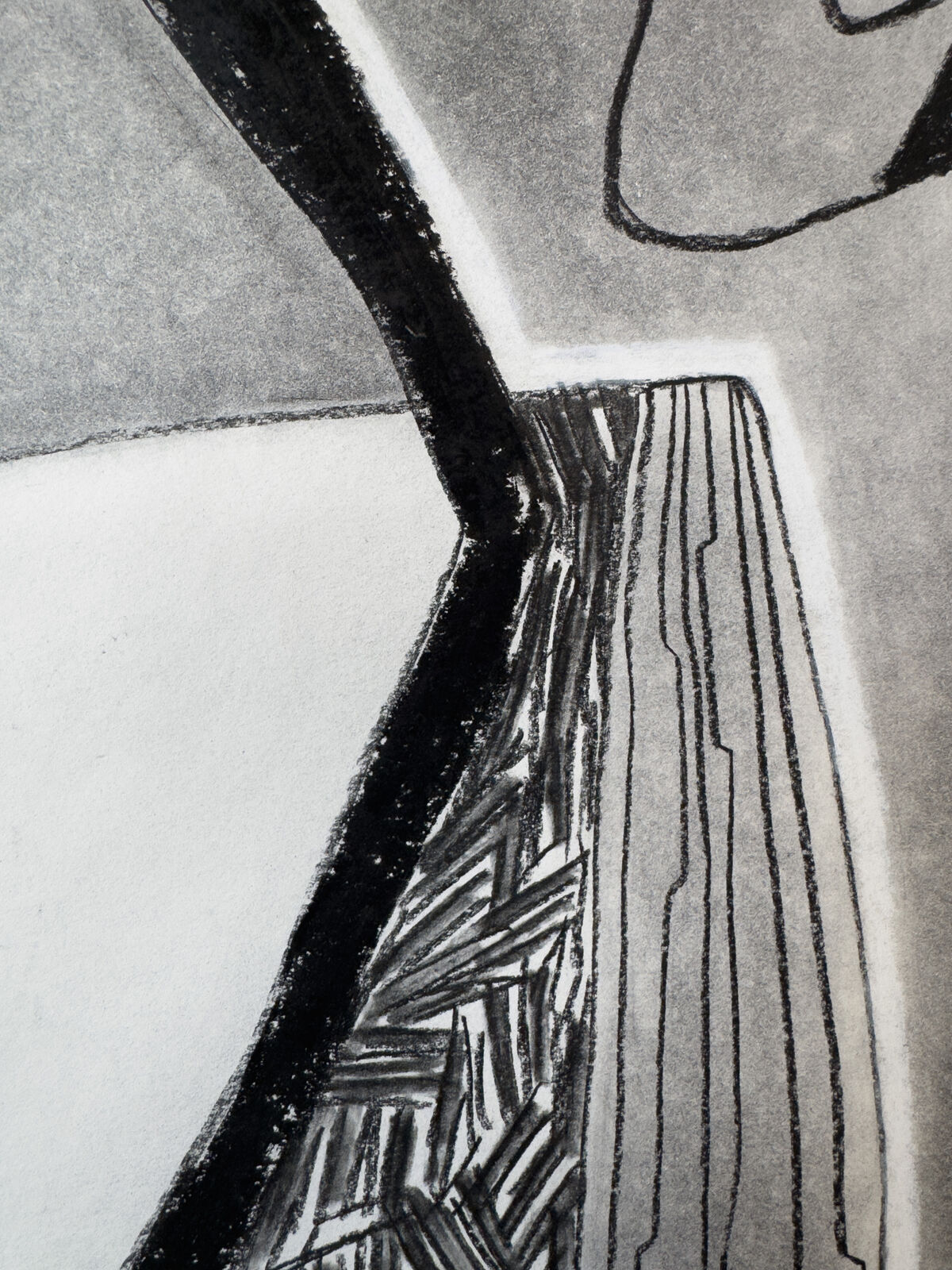 A monochromatic drawing of a still life featuring a striped chair, a book, and a pen on a gray background.