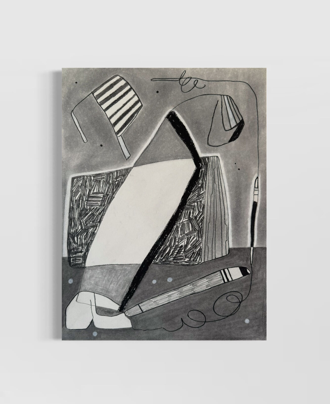 A monochromatic drawing of a still life featuring a striped chair, a book, and a pen on a gray background.