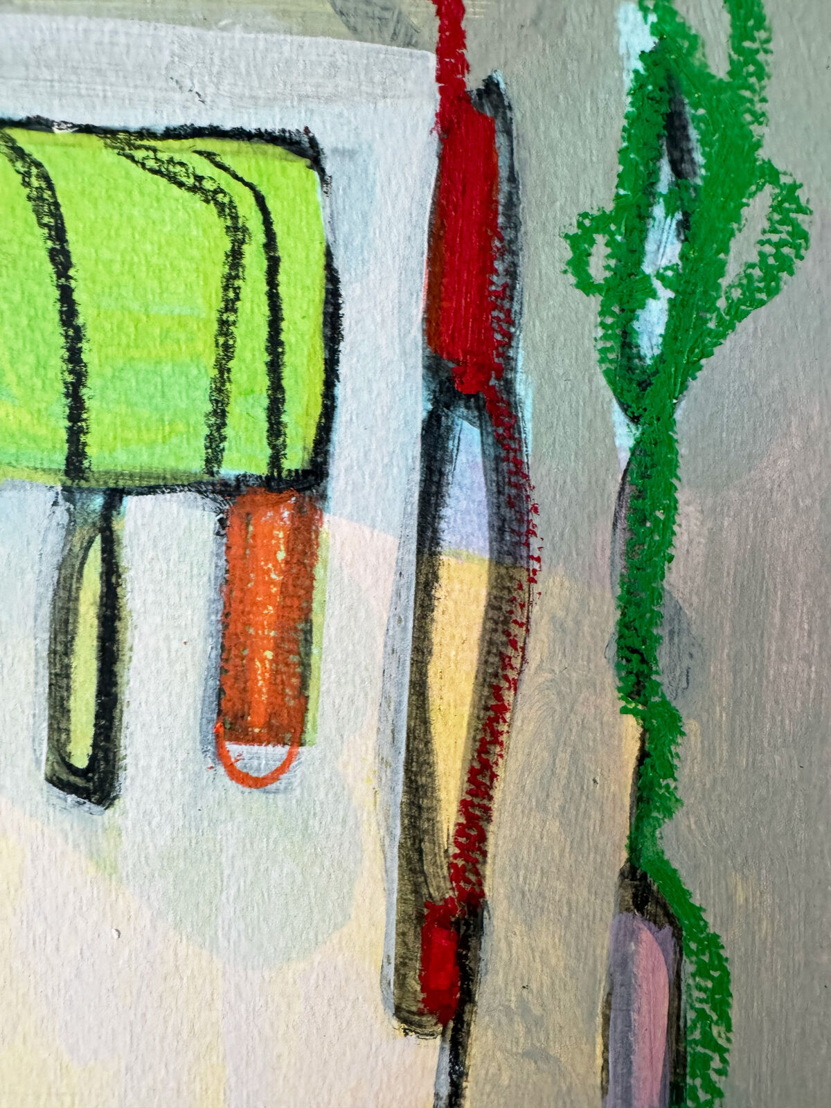 A colorful, abstract composition of a kitchen sink scene with a toothbrush and sponge.