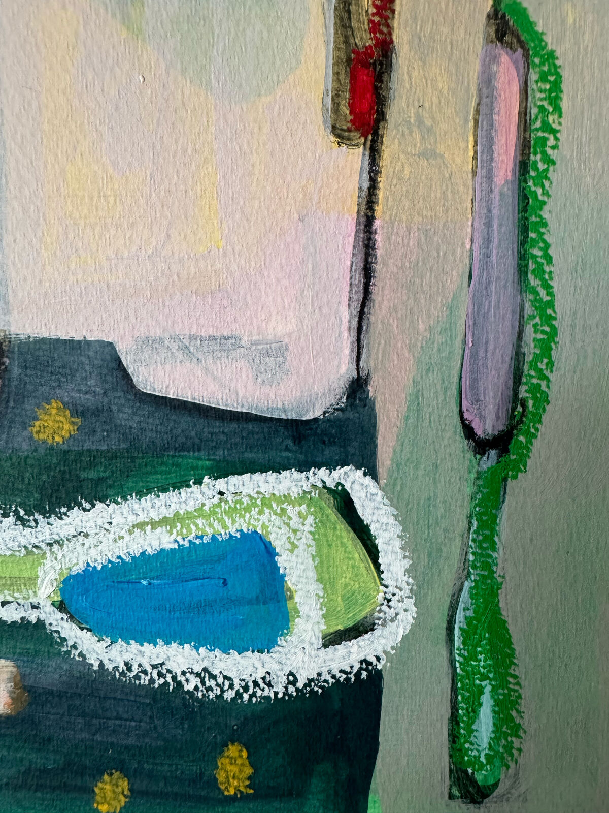 A colorful, abstract composition of a kitchen sink scene with a toothbrush and sponge.